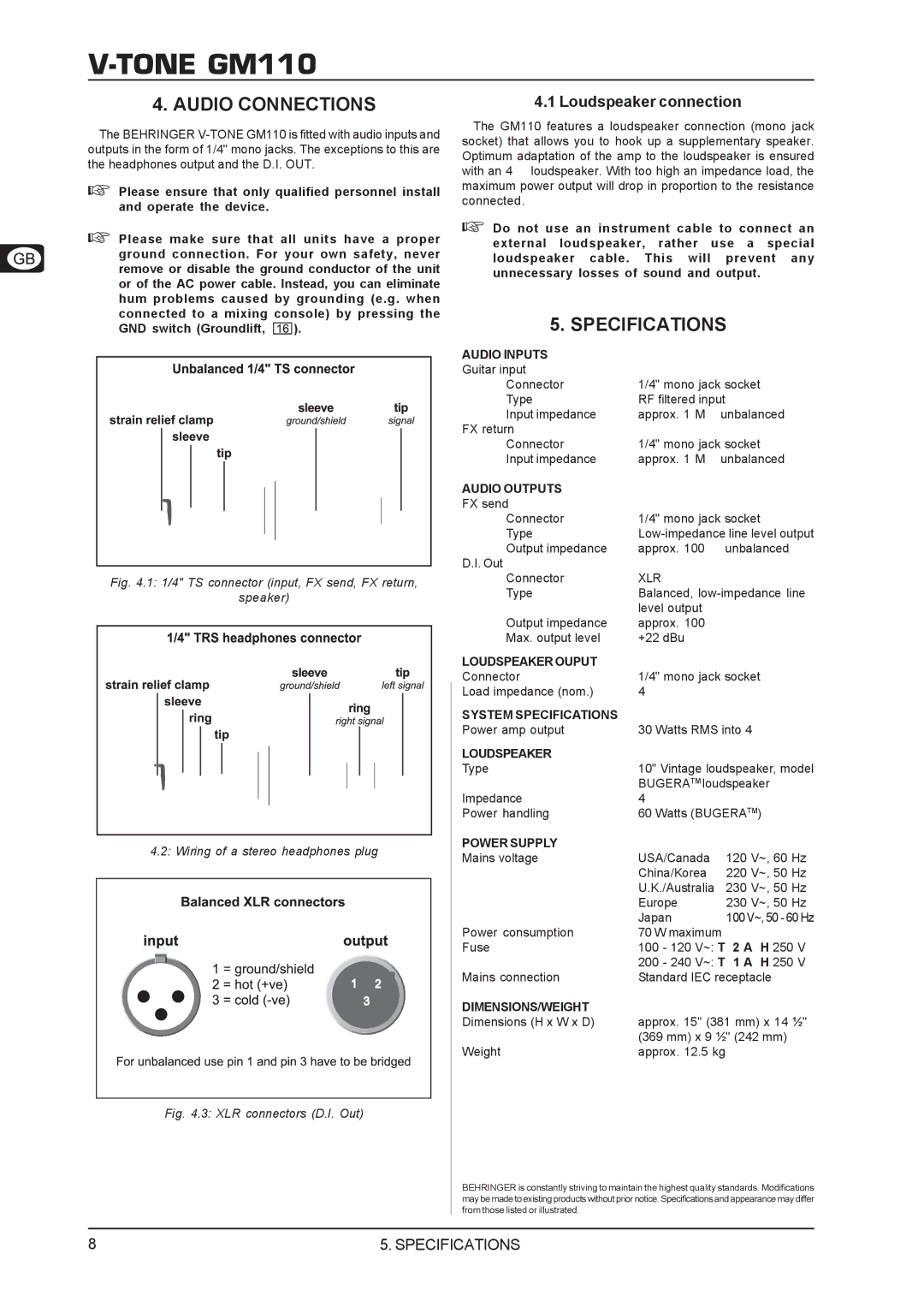 Behringer V-TONE GM110 user manual Specifications, Loudspeaker connection 