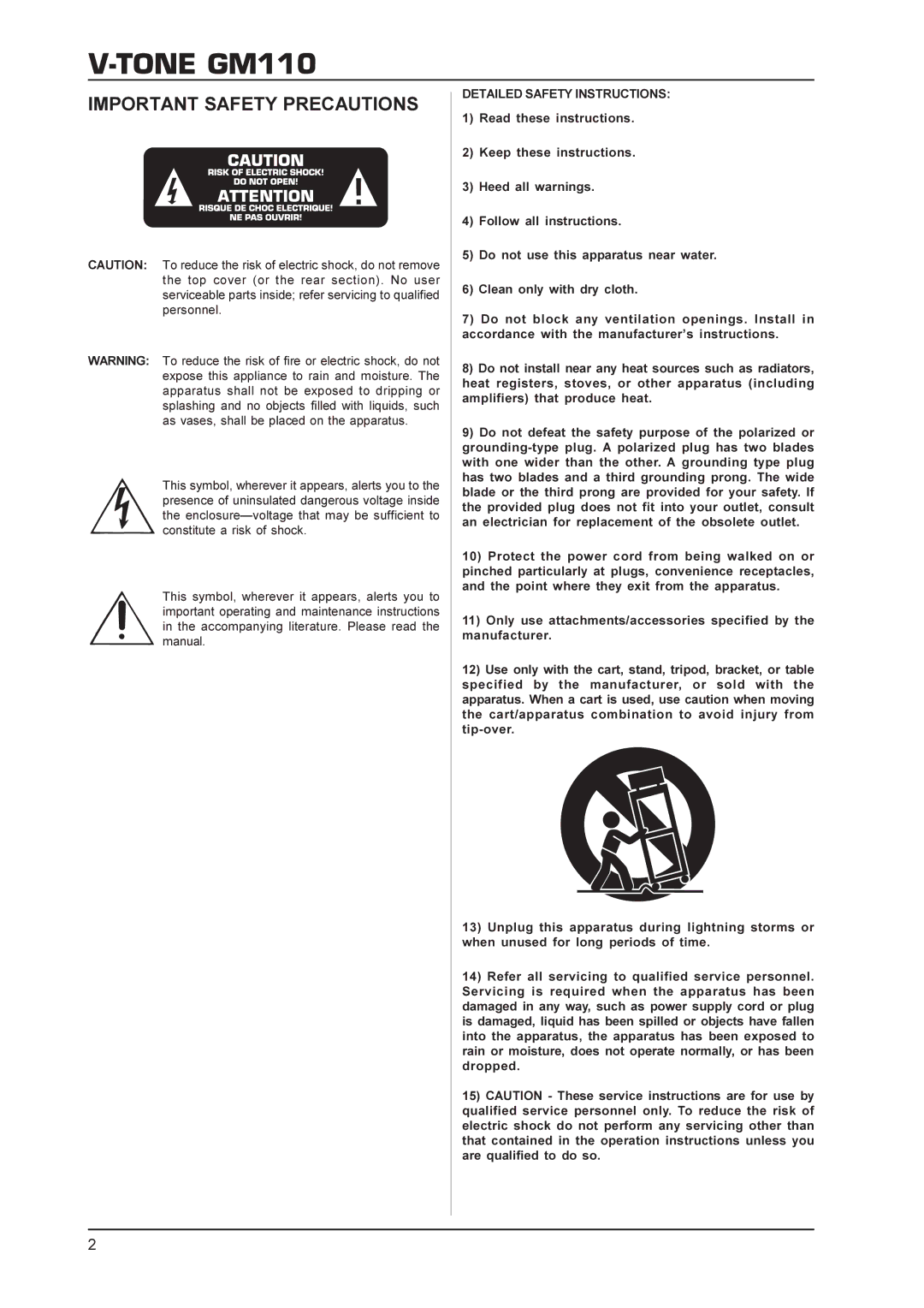 Behringer V-TONEGM110 manual Important Safety Precautions, Detailed Safety Instructions 