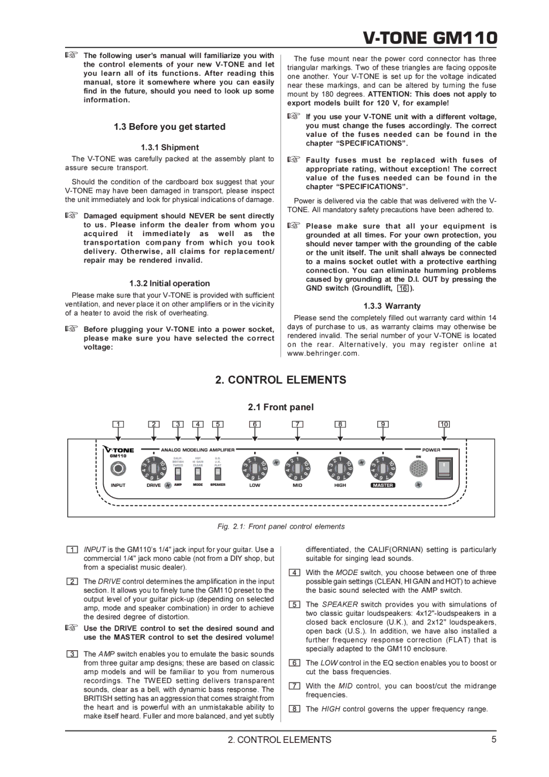 Behringer V-TONEGM110 manual Control Elements, Before you get started, Front panel 