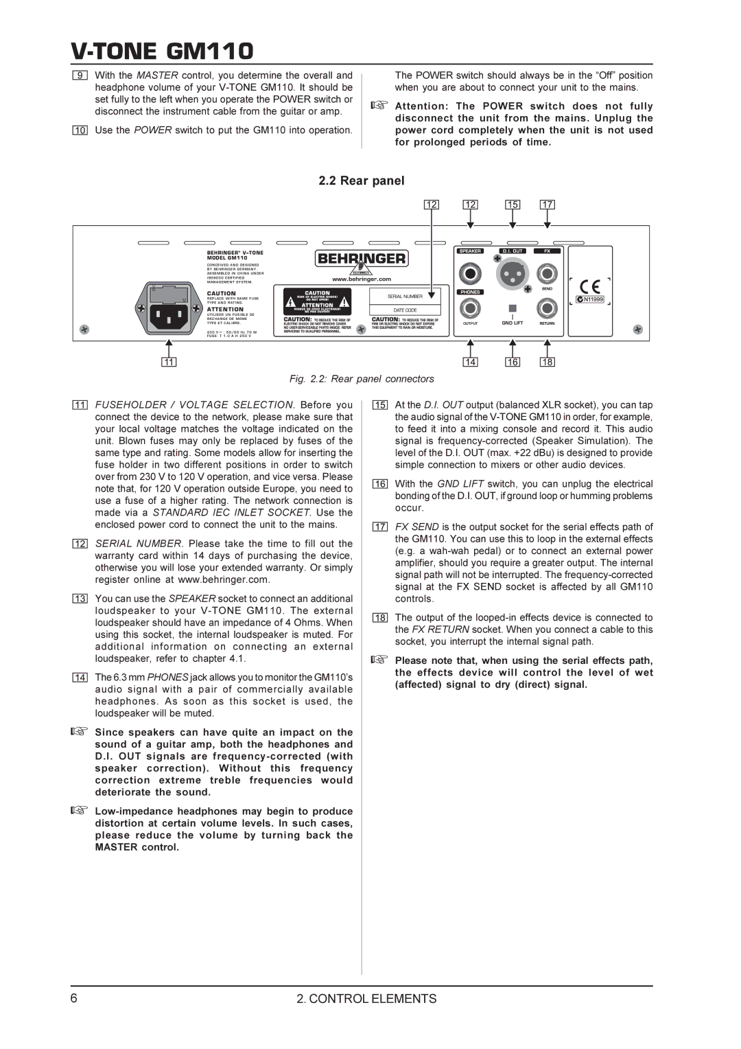 Behringer V-TONEGM110 manual Rear panel, Behringer V-TONE Model GM110 