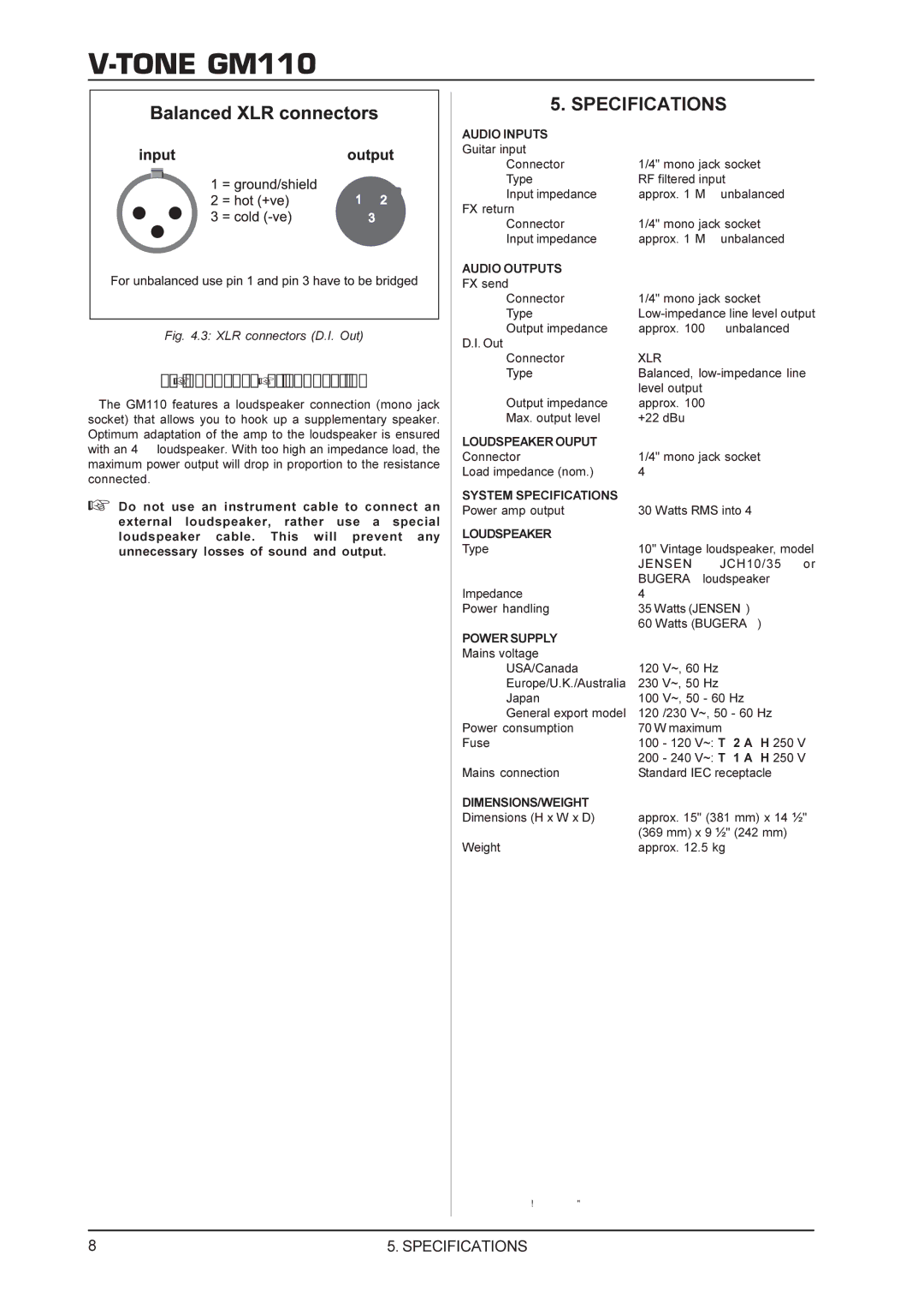 Behringer V-TONEGM110 manual Specifications, Loudspeaker connection 