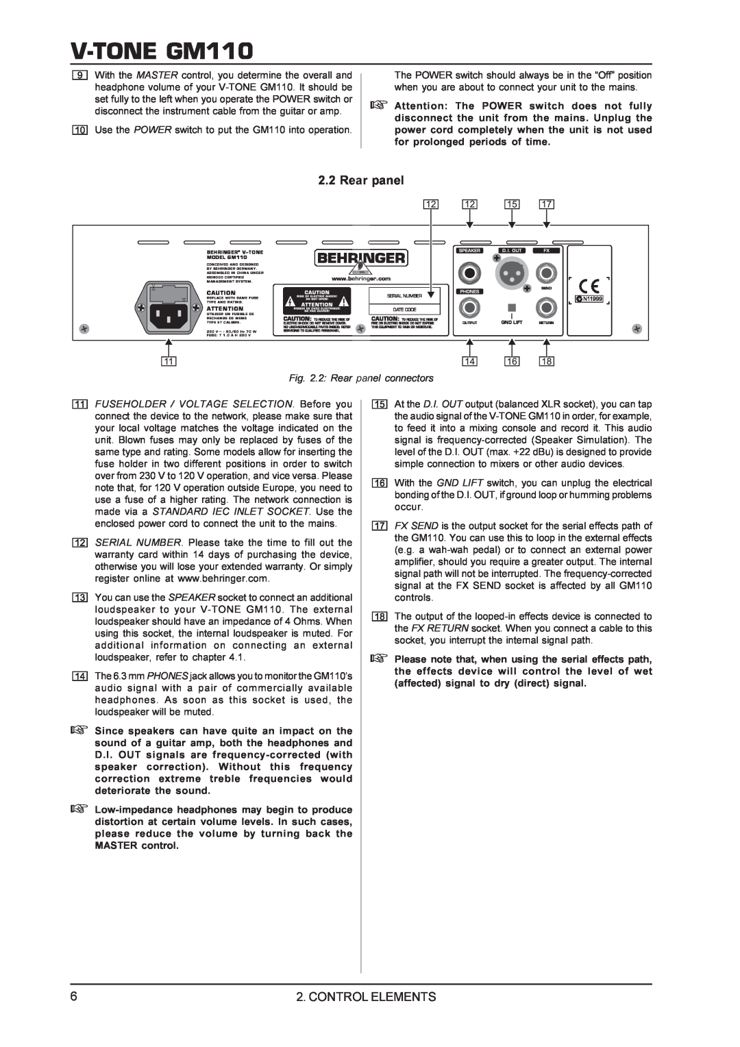 Behringer V-TONEGM110 manual Rear panel, Control Elements 