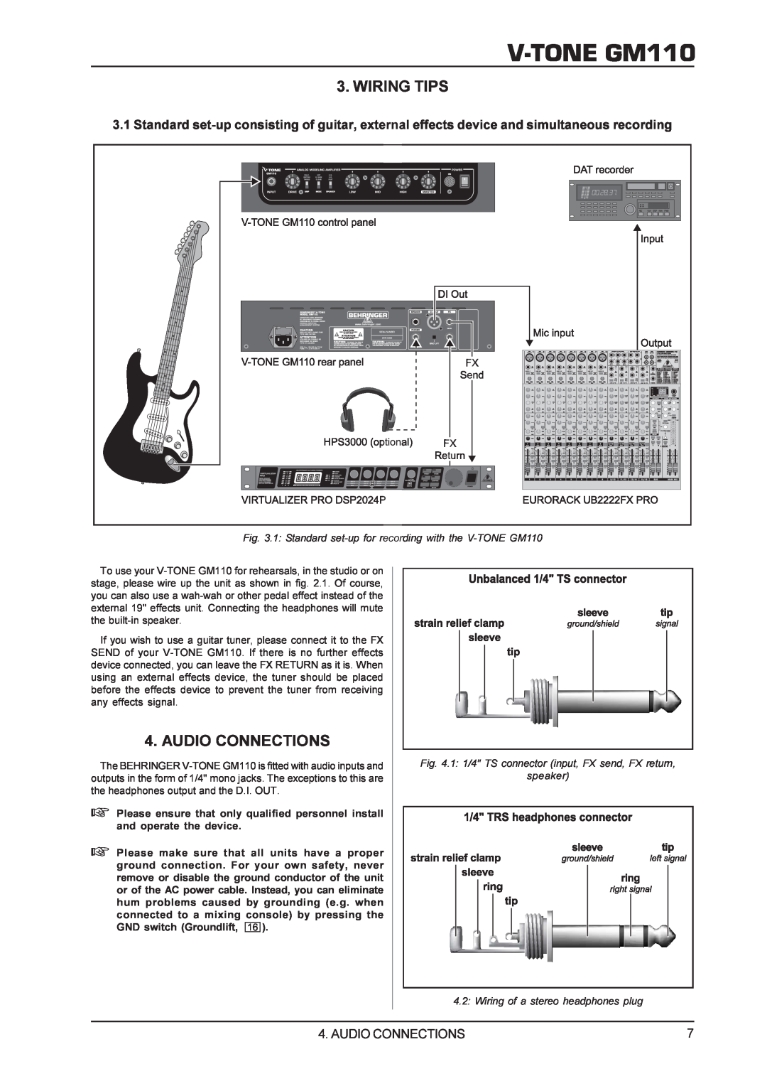 Behringer V-TONEGM110 manual Wiring Tips, Audio Connections 