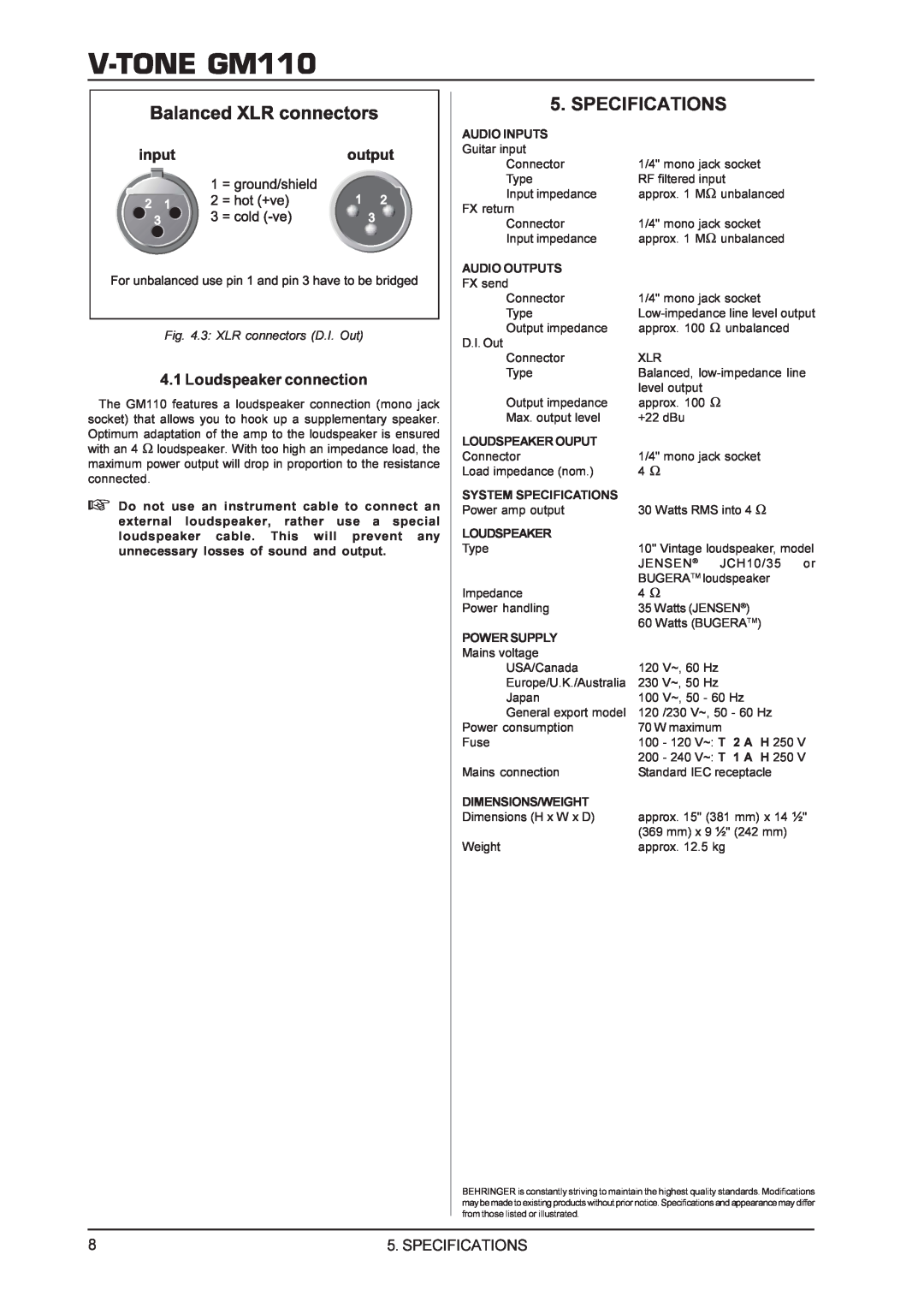 Behringer V-TONEGM110 manual Specifications, Loudspeaker connection 