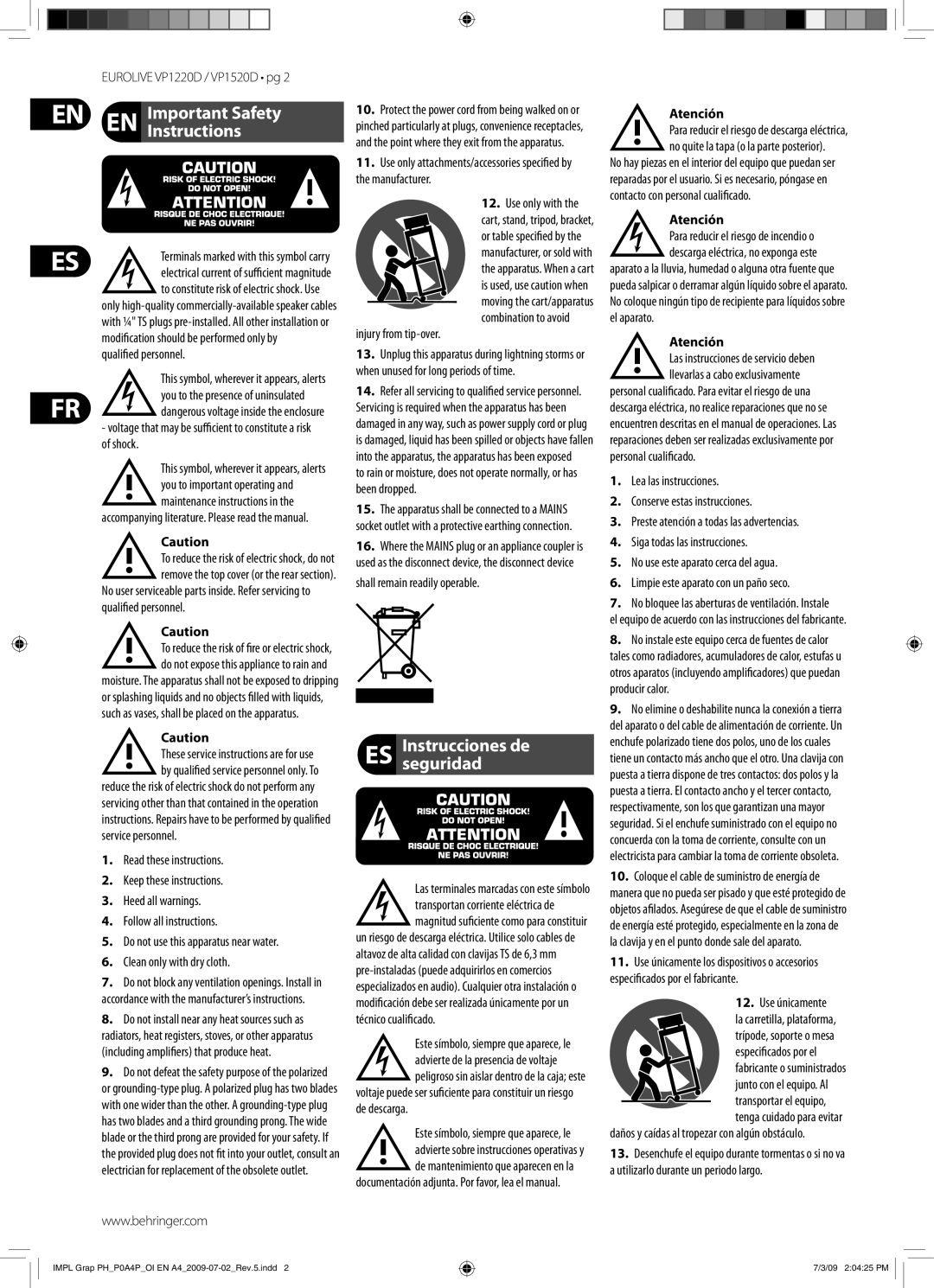 Behringer VP1520D manual Atención 