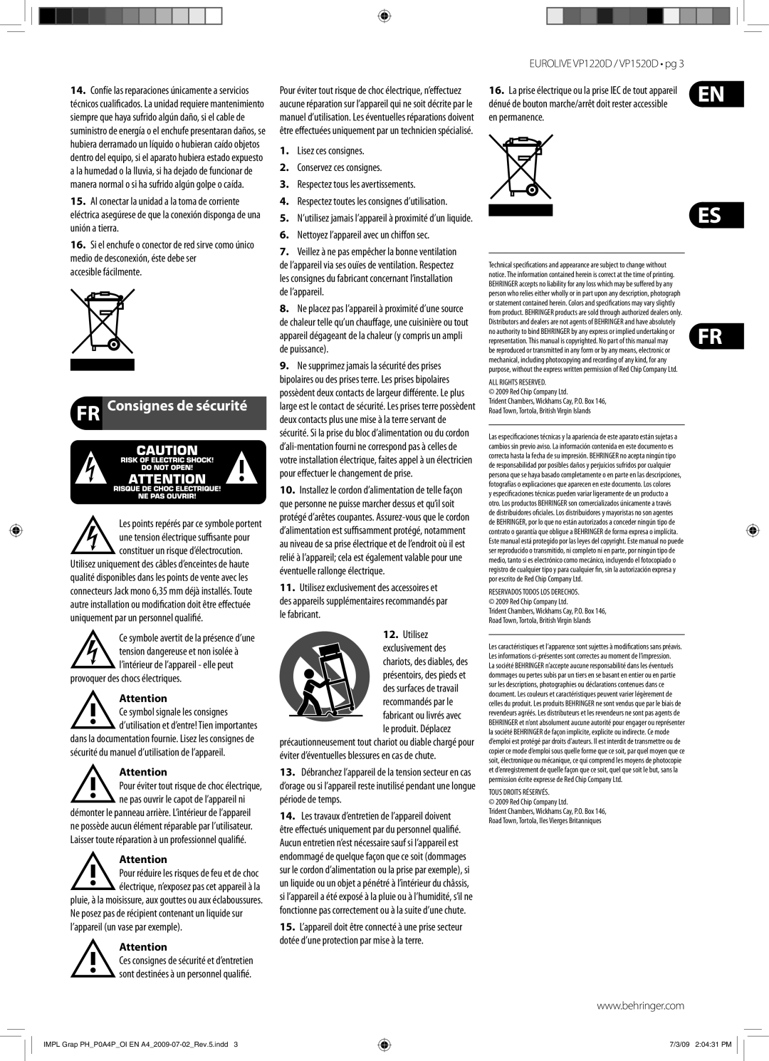 Behringer VP1520D manual Accesible fácilmente, Provoquer des chocs électriques, En permanence 