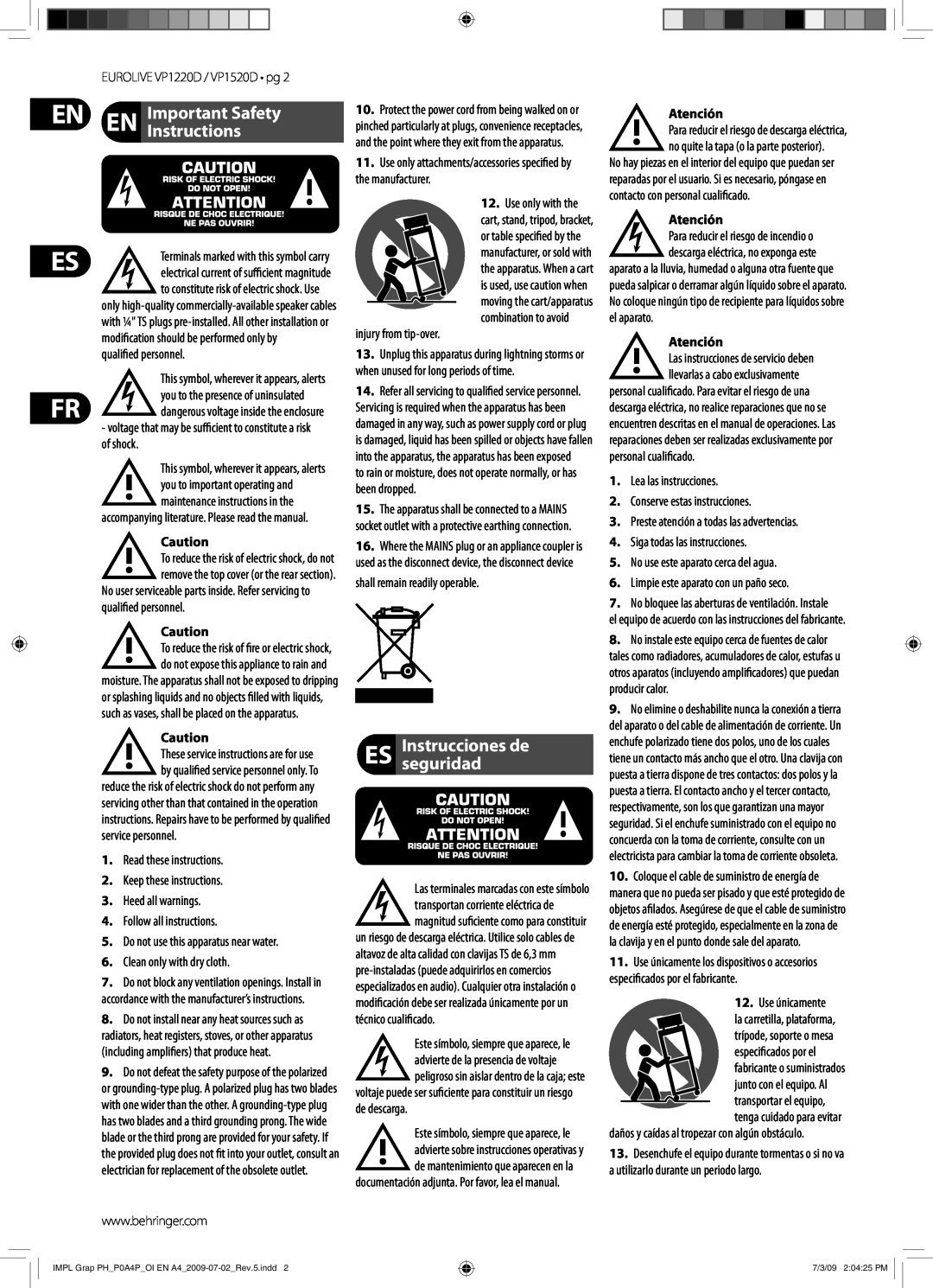 Behringer VP1520D manual En Es Fr, Important Safety EN Instructions, Atención, ES Instruccionesseguridad de 