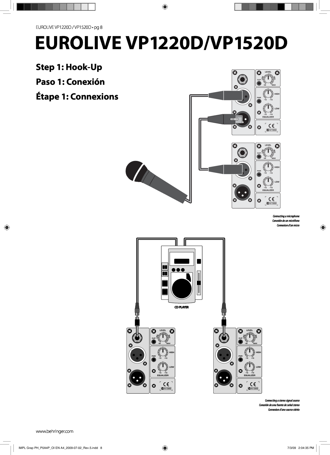 Behringer manual EUROLIVE VP1220D/VP1520D, Hook-Up Paso 1 Conexión, Étape 1 Connexions, EUROLIVE VP1220D / VP1520D pg 