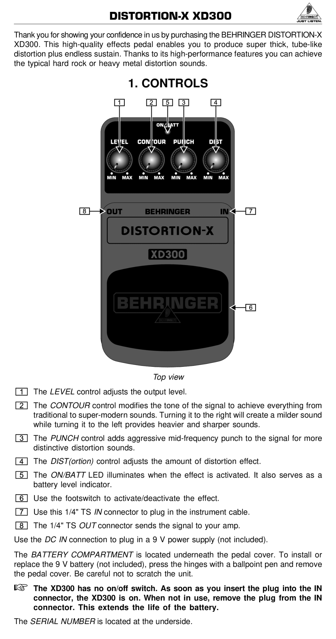 Behringer manual DISTORTION-X XD300, Controls, Top view, Serial Number is located at the underside 