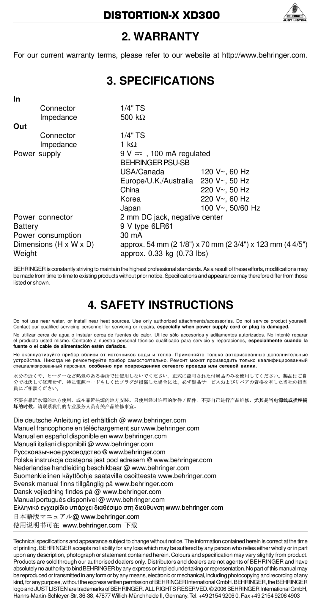 Behringer manual DISTORTION-X XD300 Warranty Specifications, Safety Instructions, Out, Behringer PSU-SB 