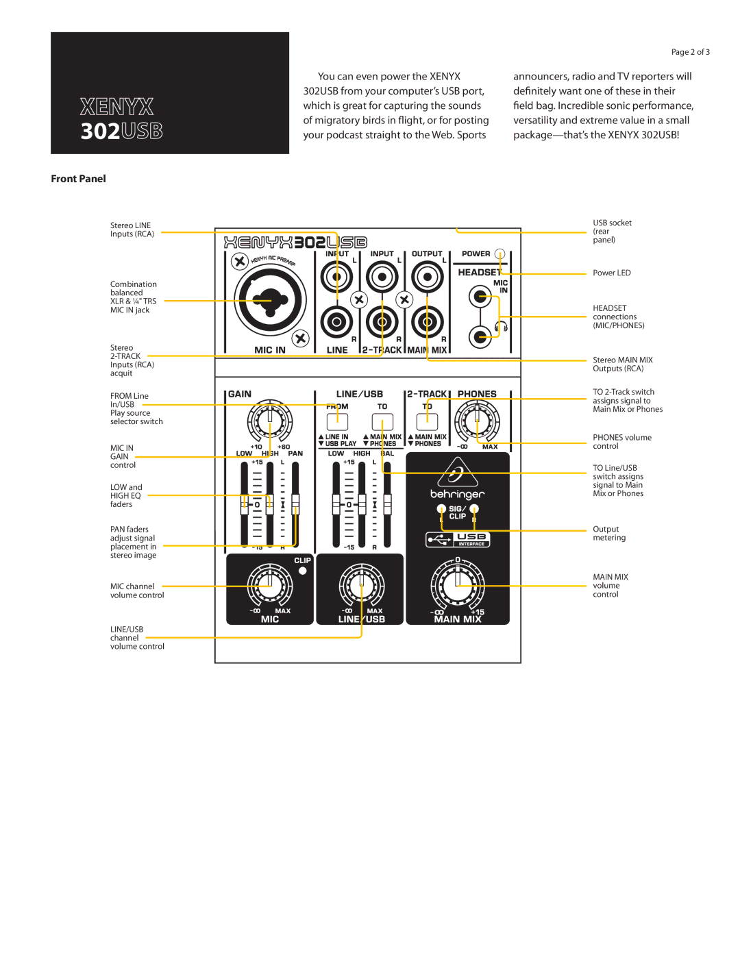 Behringer Xenyx 302 USB manual Front Panel, Stereo, Mic, Gain control, USB socket rear panel Power LED 