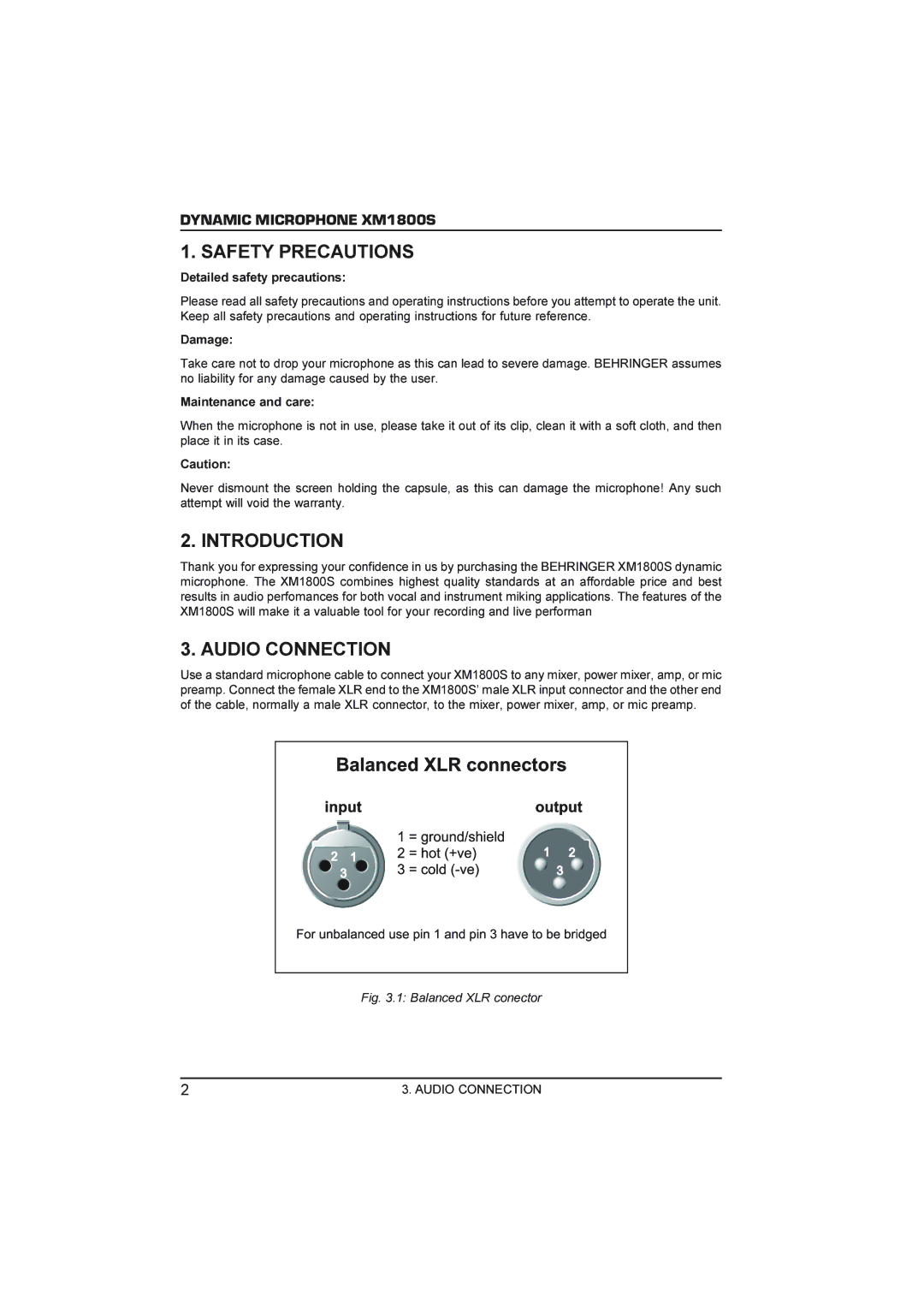 Behringer XM1800S manual Safety Precautions, Introduction, Audio Connection 