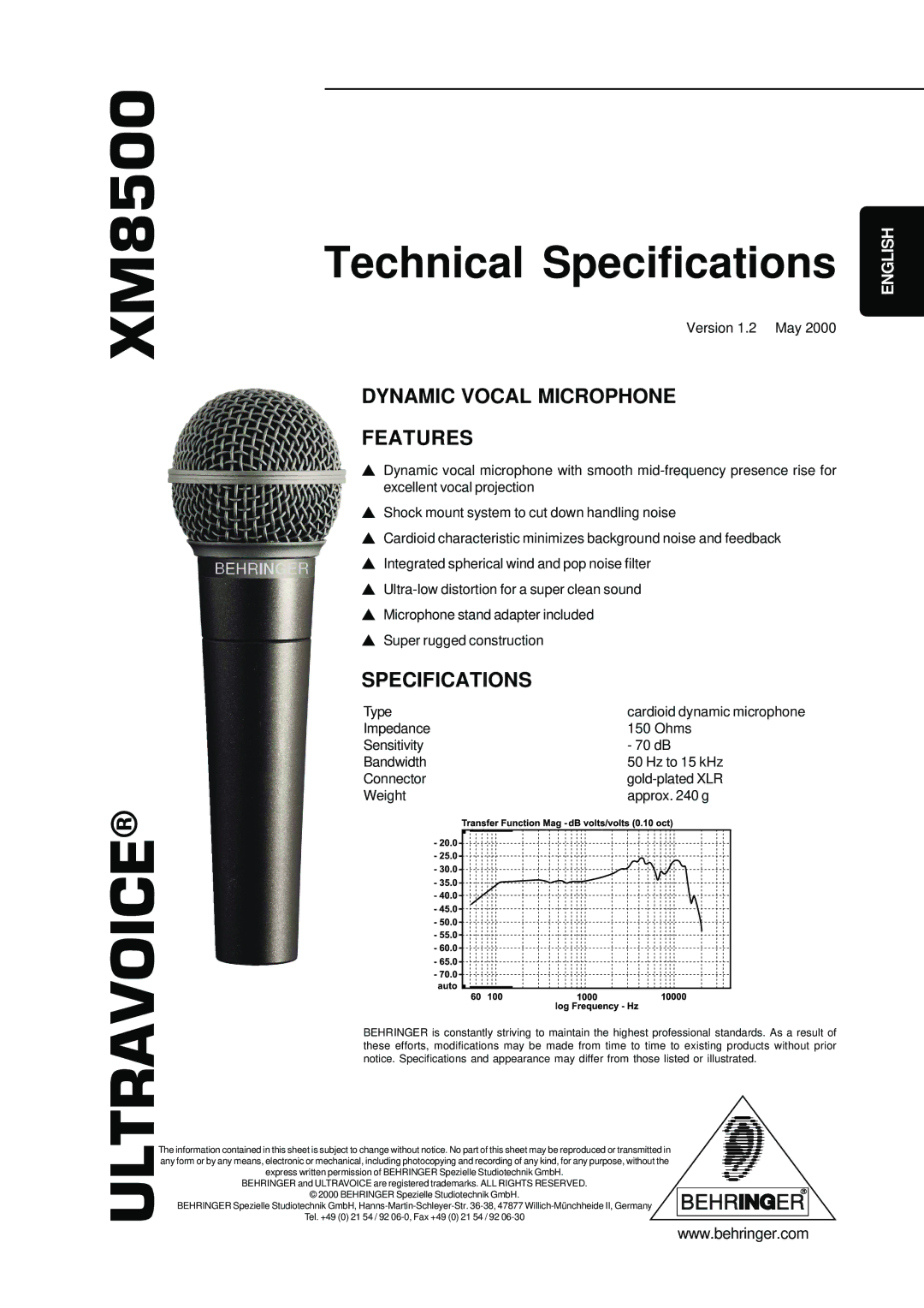 Behringer XM8500 technical specifications Technical Specifications, Dynamic Vocal Microphone Features 