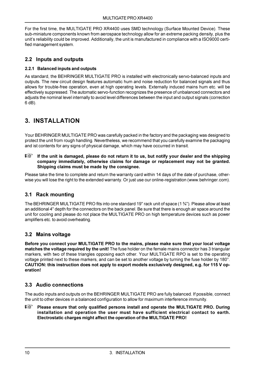 Behringer XR4400 manual Installation, Inputs and outputs, Rack mounting, Mains voltage, Audio connections 