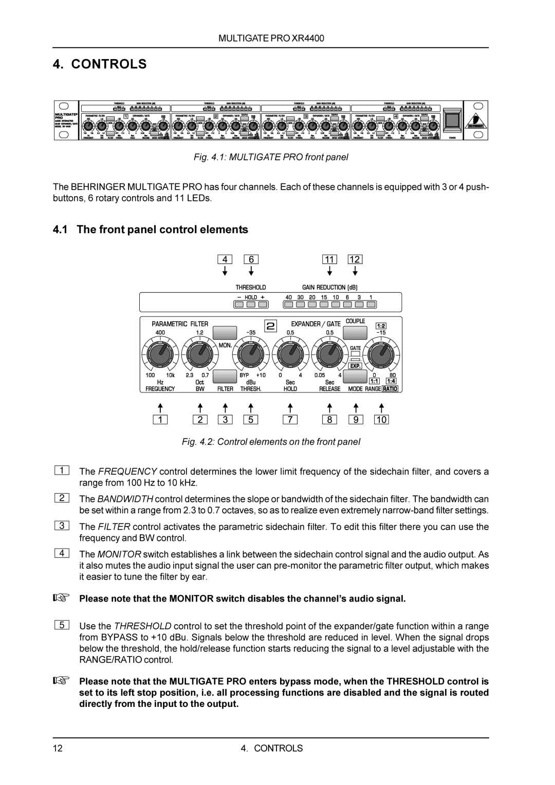 Behringer XR4400 manual Controls, Front panel control elements 