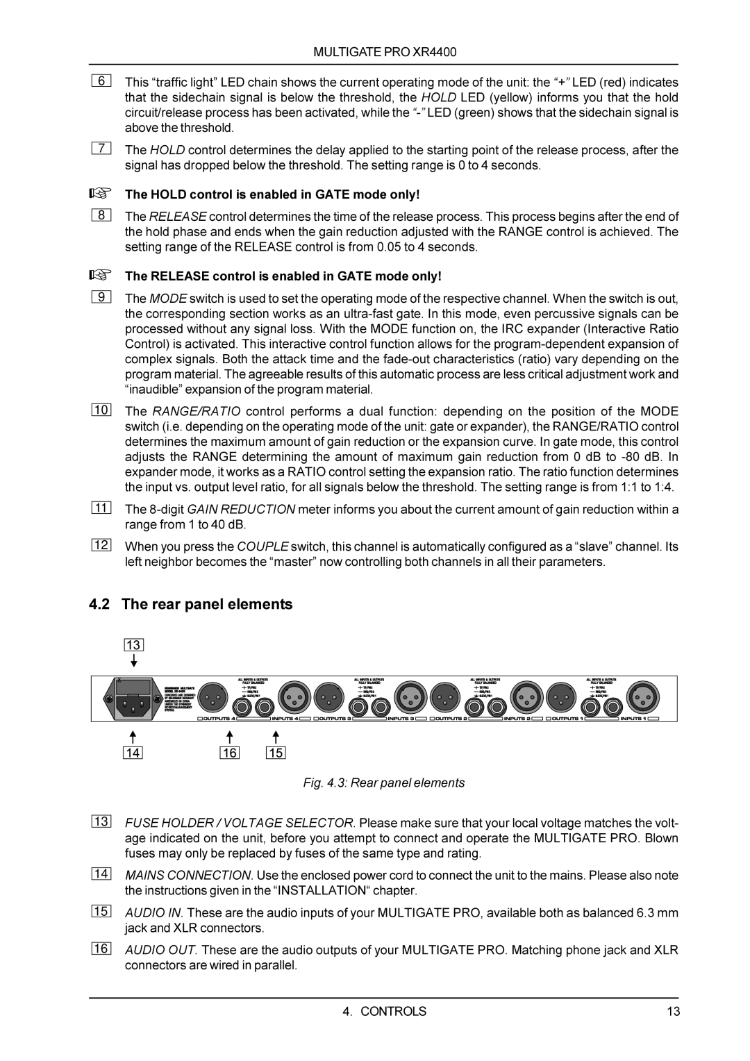 Behringer XR4400 manual Rear panel elements 