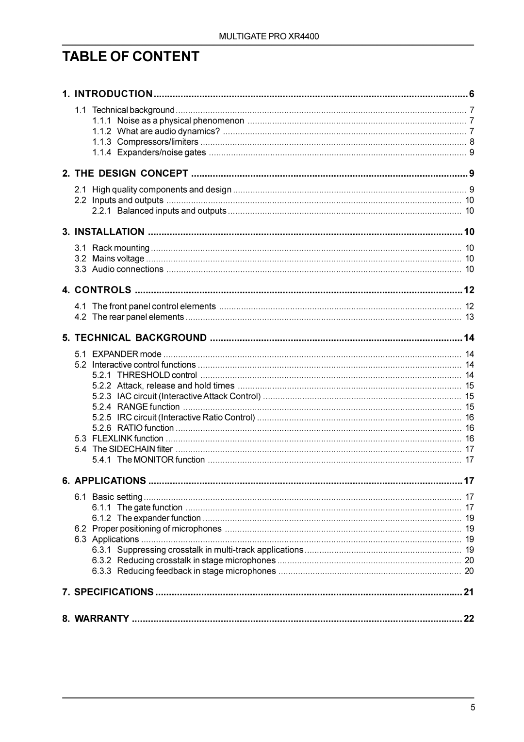 Behringer XR4400 manual Table of Content 