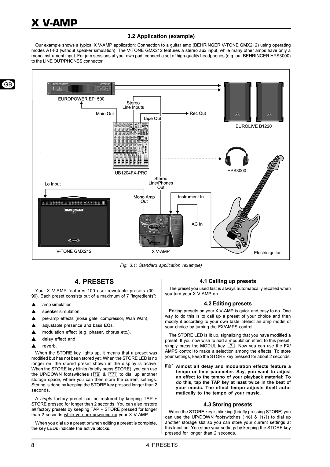 Behringer XV manual Presets, Application example, Calling up presets, Editing presets, Storing presets 