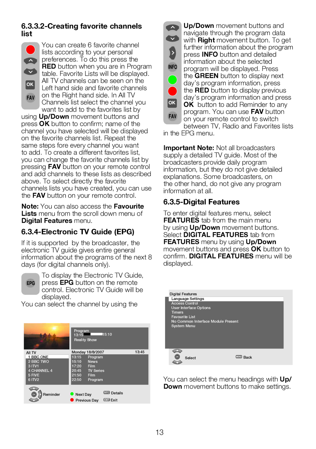 Beko 15LB250MID operating instructions Creating favorite channels list, Electronic TV Guide EPG, Digital Features 