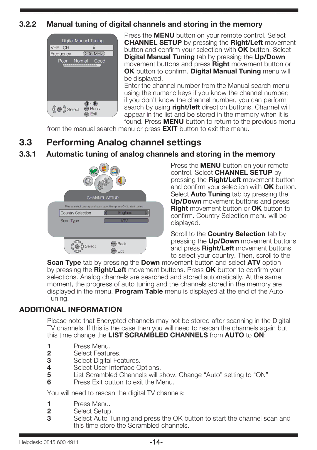 Beko 19WLP530HID Performing Analog channel settings, Manual tuning of digital channels and storing in the memory 