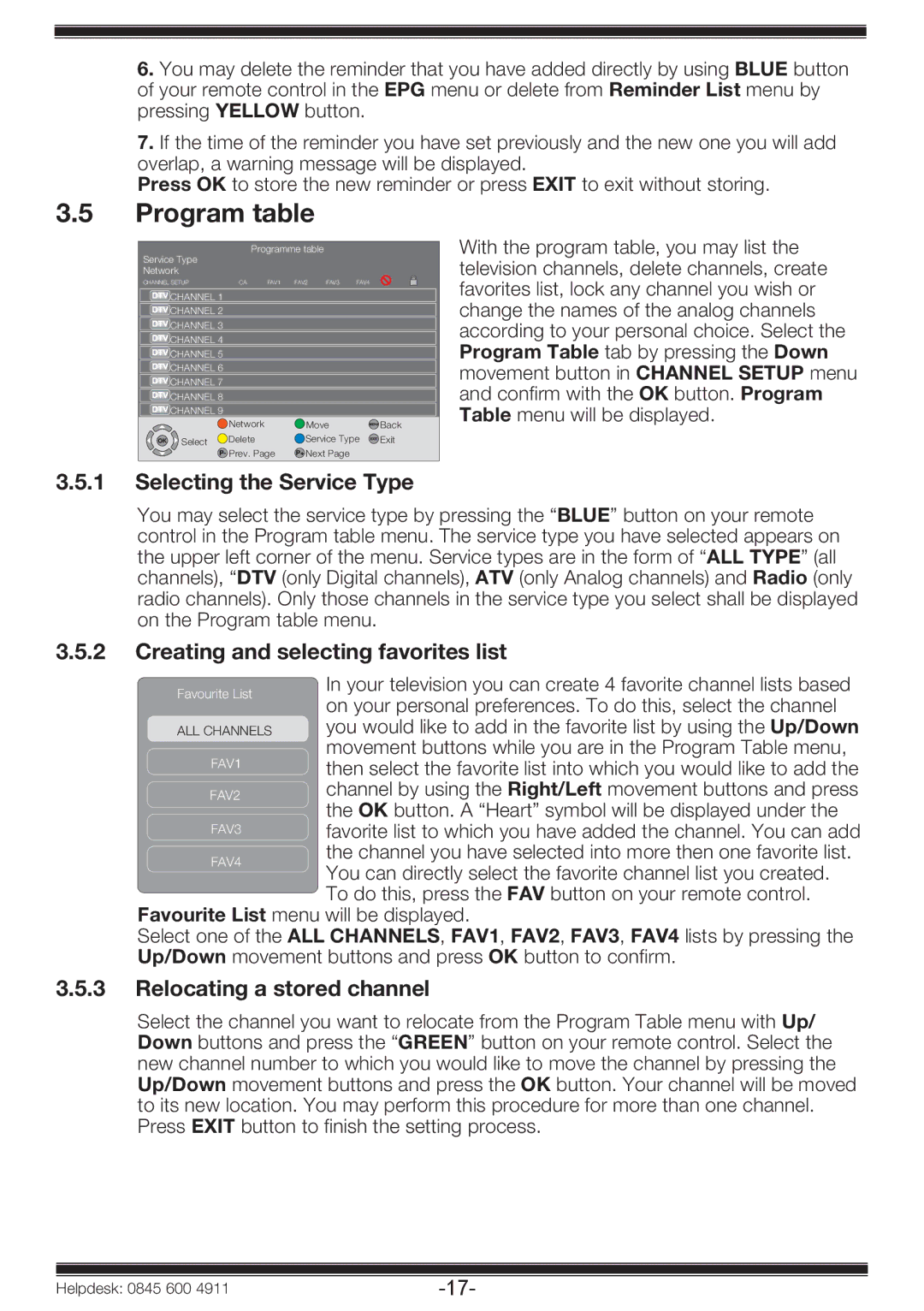 Beko 19WLP530HID operating instructions Program table, Selecting the Service Type, Creating and selecting favorites list 