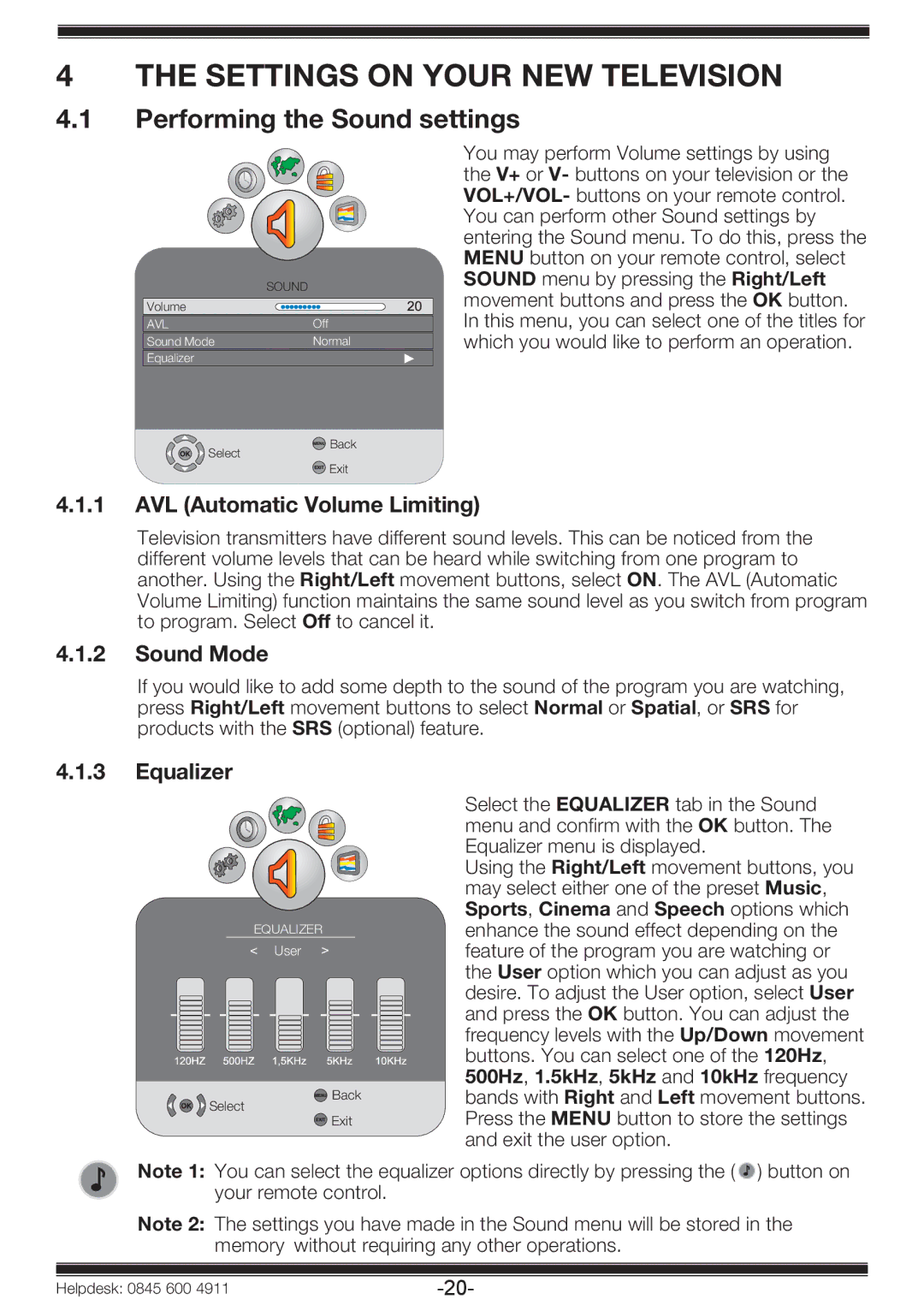 Beko 19WLP530HID Settings on Your NEW Television, Performing the Sound settings, AVL Automatic Volume Limiting, Sound Mode 