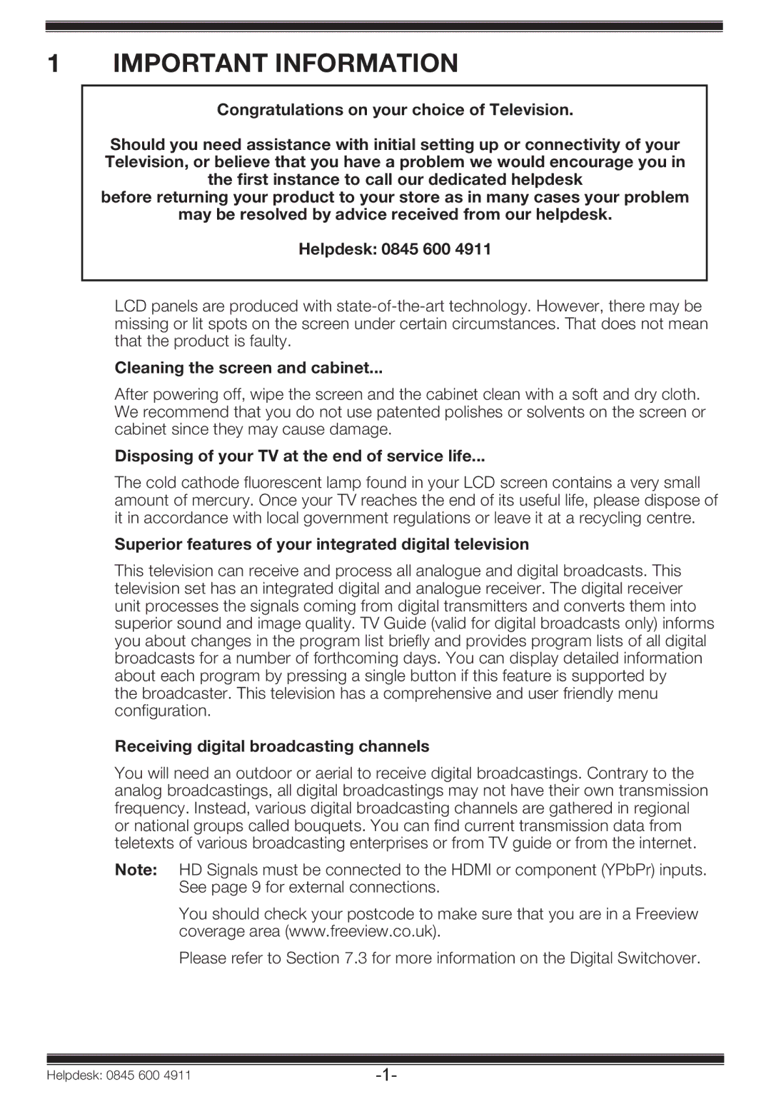 Beko 19WLP530HID Important Information, Cleaning the screen and cabinet, Disposing of your TV at the end of service life 