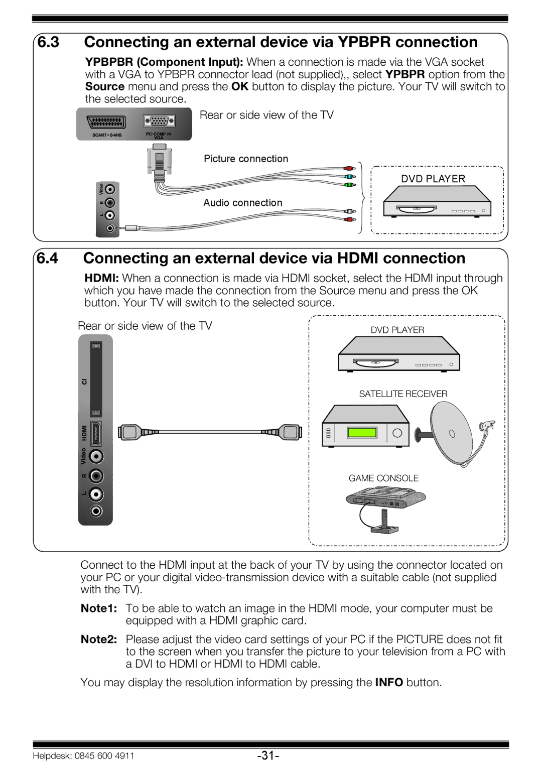 Beko 19WLP530HID Connecting an external device via Ypbpr connection, Connecting an external device via Hdmi connection 