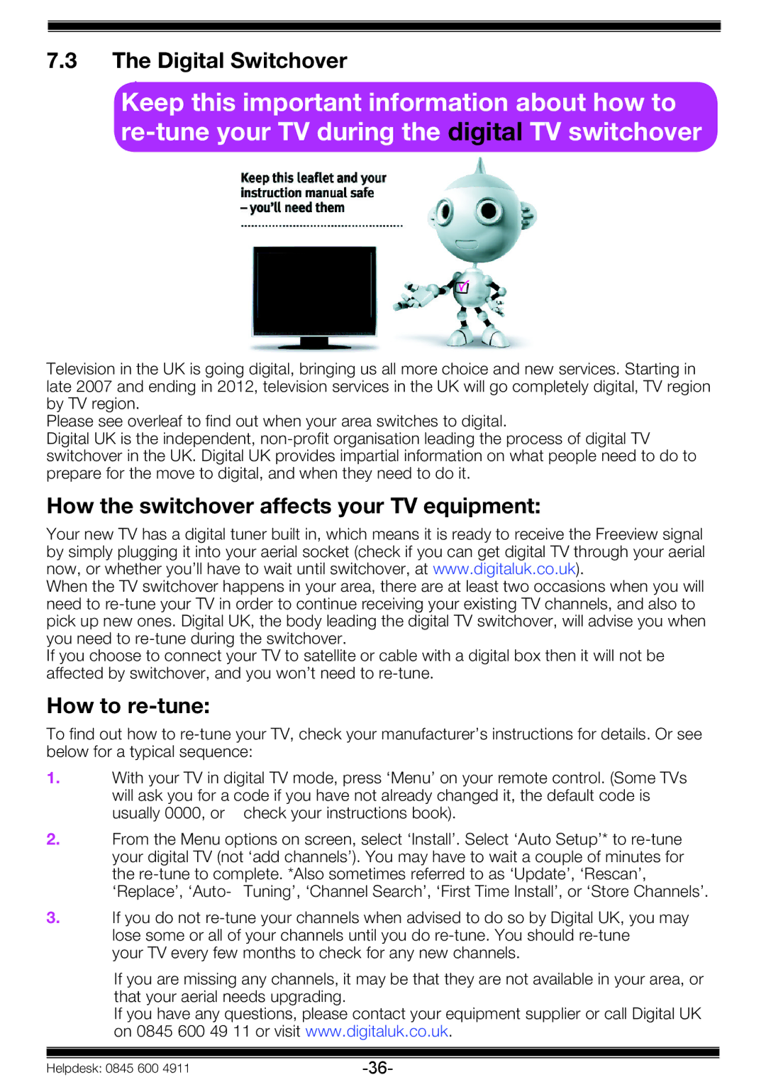 Beko 19WLP530HID operating instructions Digital Switchover, How the switchover affects your TV equipment, How to re-tune 