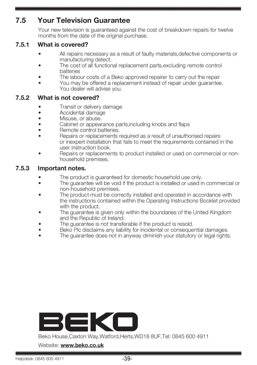 Beko 19WLP530HID operating instructions Your Television Guarantee, What is covered?, What is not covered?, Important notes 