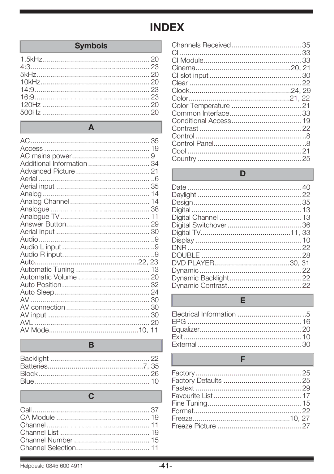 Beko 19WLP530HID operating instructions Index, Symbols 