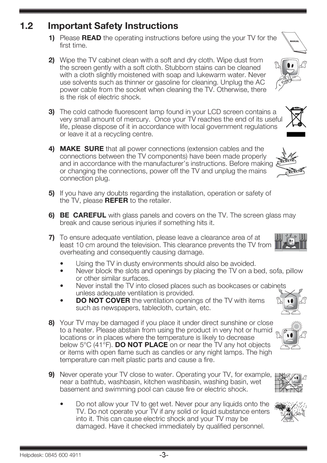 Beko 19WLP530HID Important Safety Instructions, Do not allow your TV to get wet. Never pour any liquids onto 