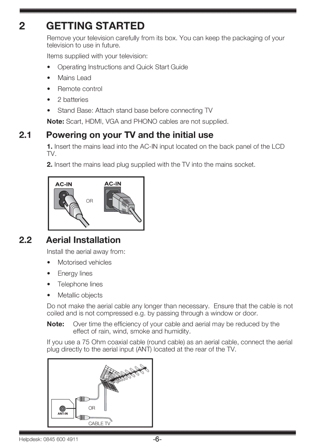 Beko 19WLP530HID operating instructions Getting Started, Powering on your TV and the initial use, Aerial Installation 