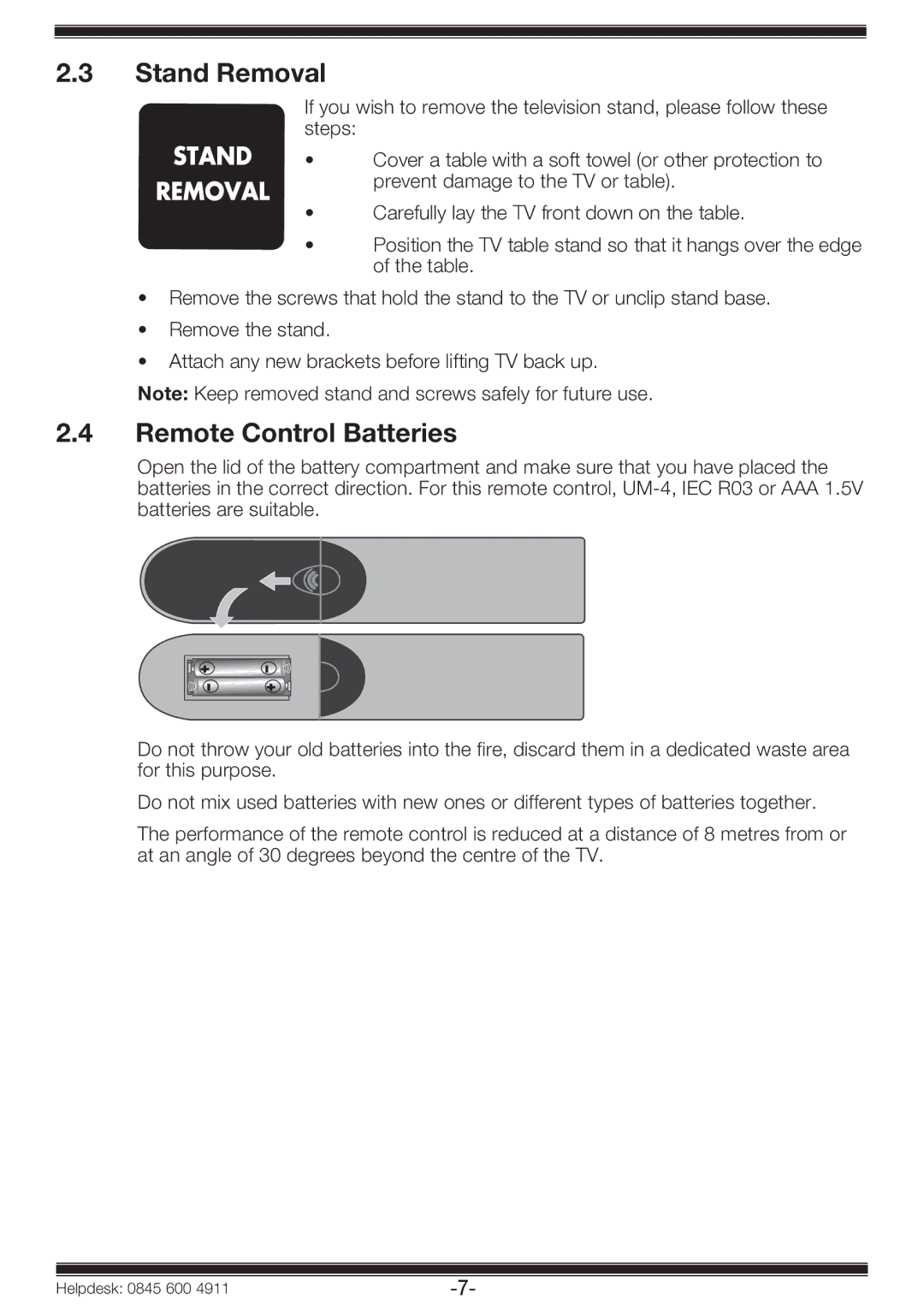 Beko 19WLP530HID operating instructions Stand Removal, Remote Control Batteries 