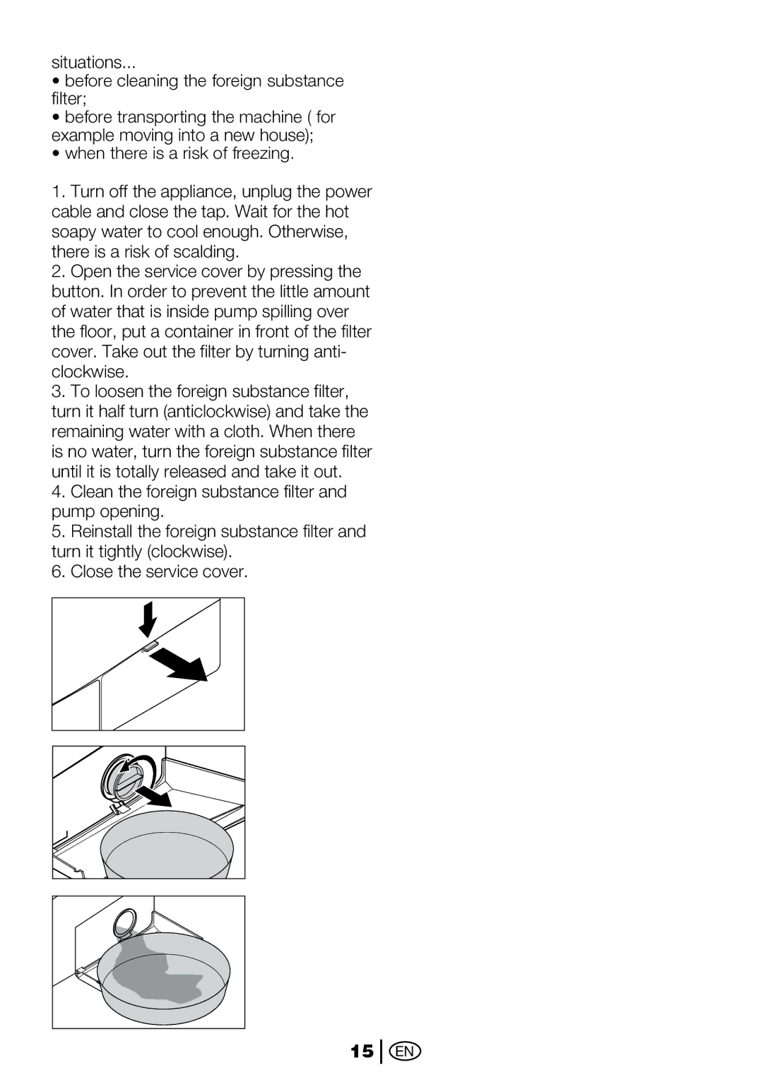 Beko 2112 CX, 2012 CX manual Situations Before cleaning the foreign substance filter 