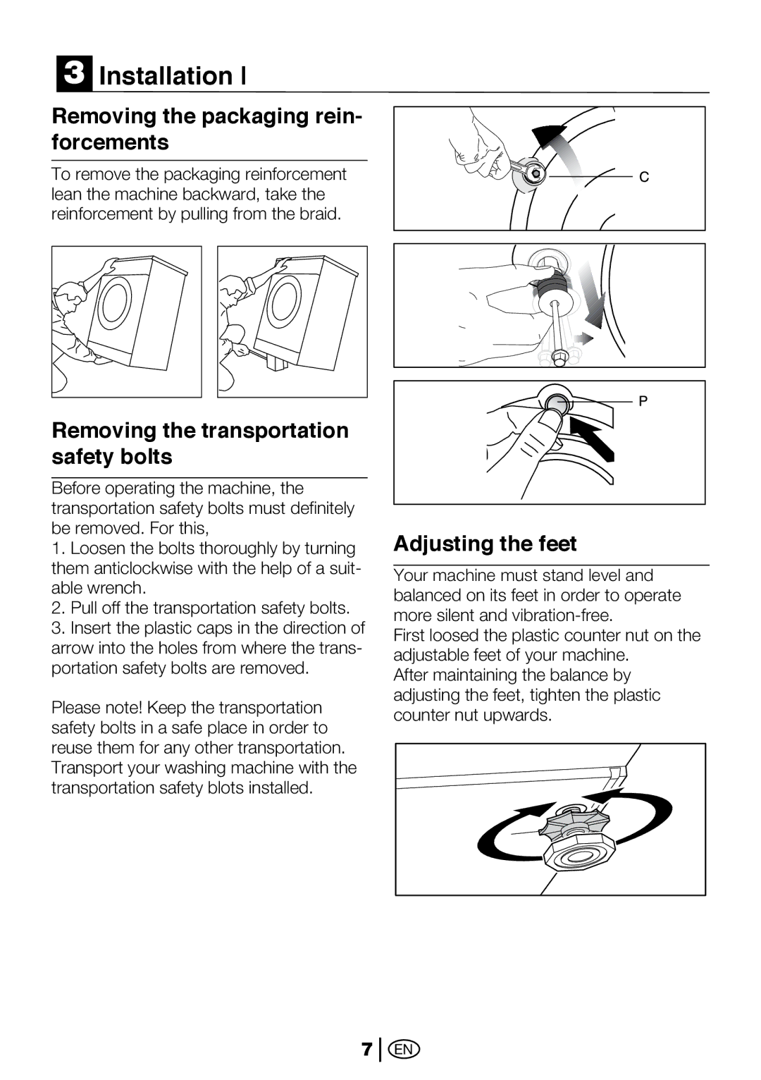 Beko 2112 CX, 2012 CX manual Installation, Removing the packaging rein- forcements, Removing the transportation safety bolts 