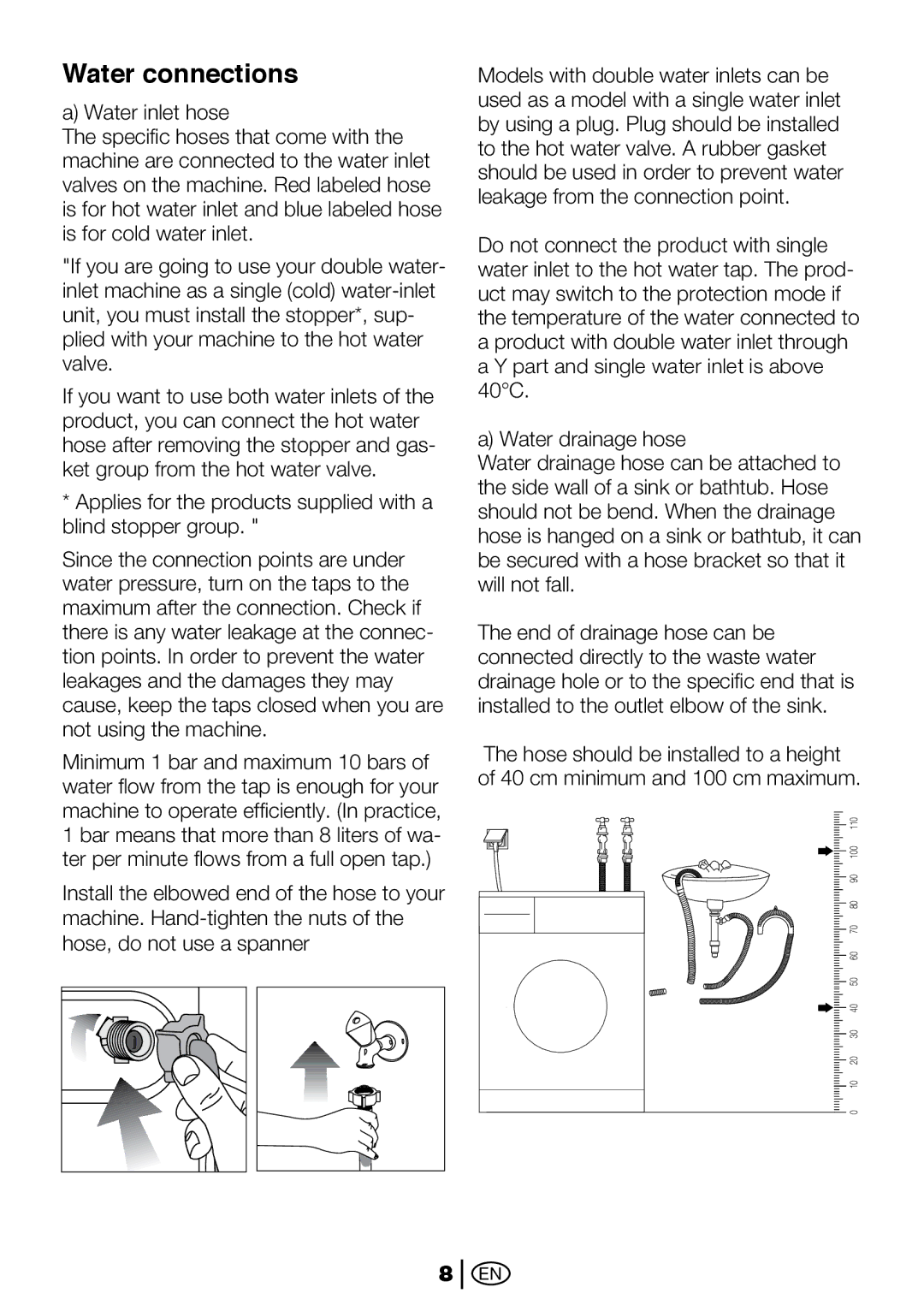 Beko 2012 CX, 2112 CX manual Water connections 