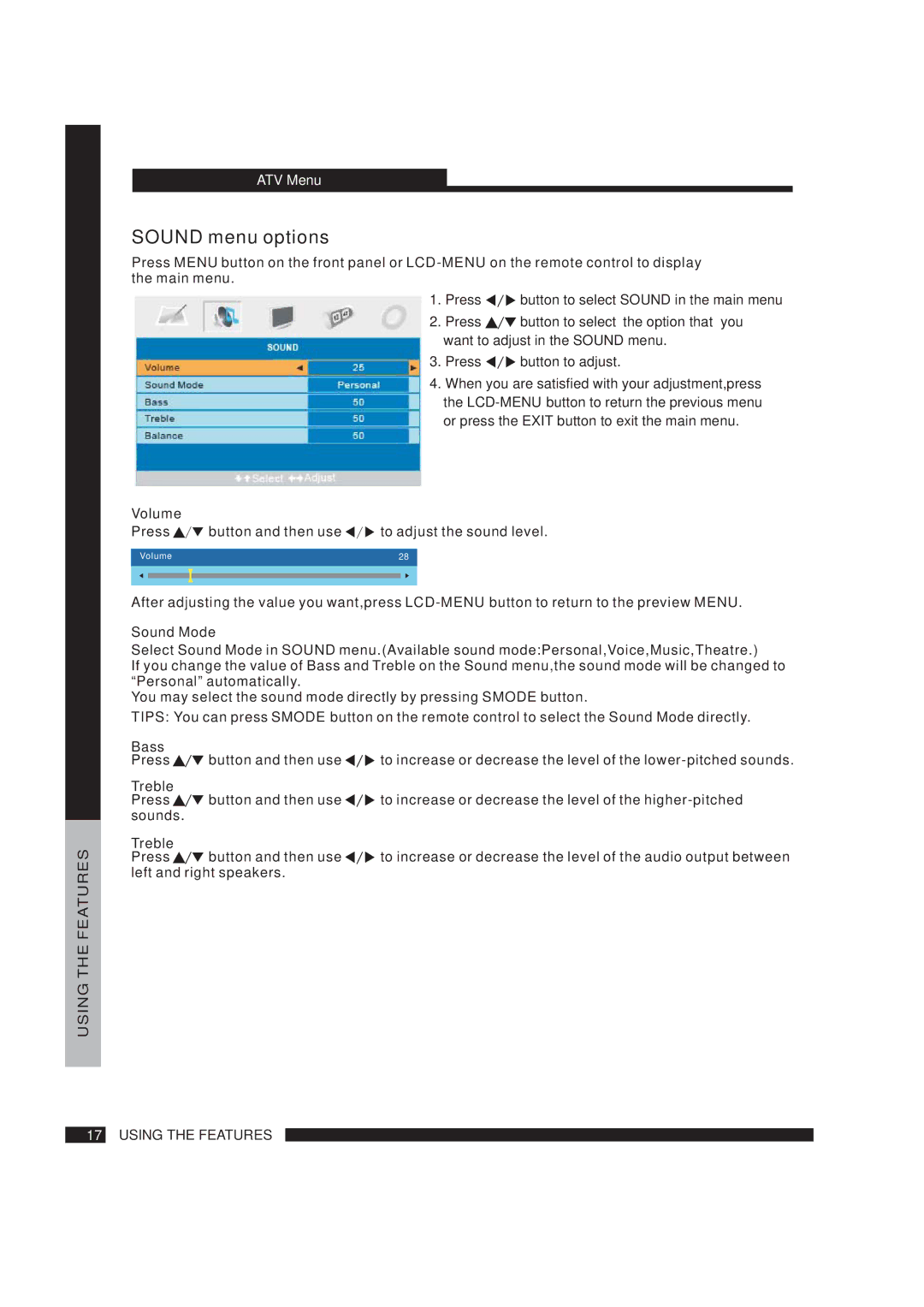 Beko 22WLM550DHID, 19WLM550DHID instruction manual Volume, Sound Mode, Bass, Treble 