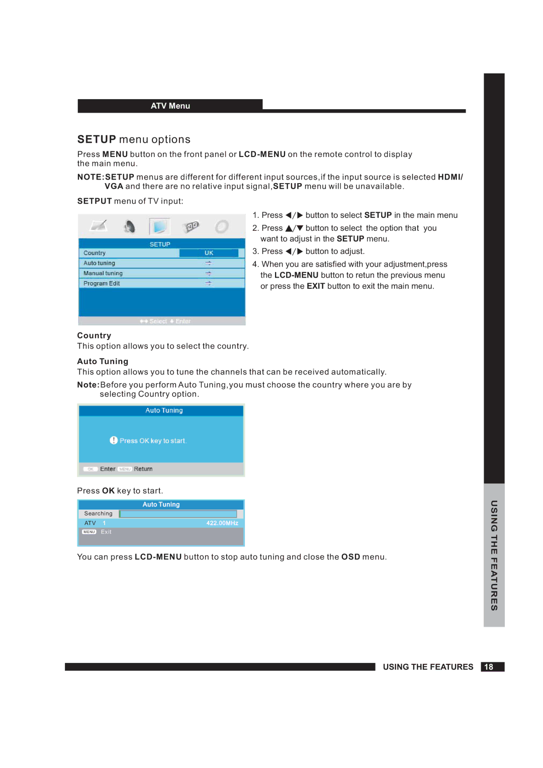 Beko 19WLM550DHID, 22WLM550DHID instruction manual Setup m e n u o p t i o n s, Auto Tuning 