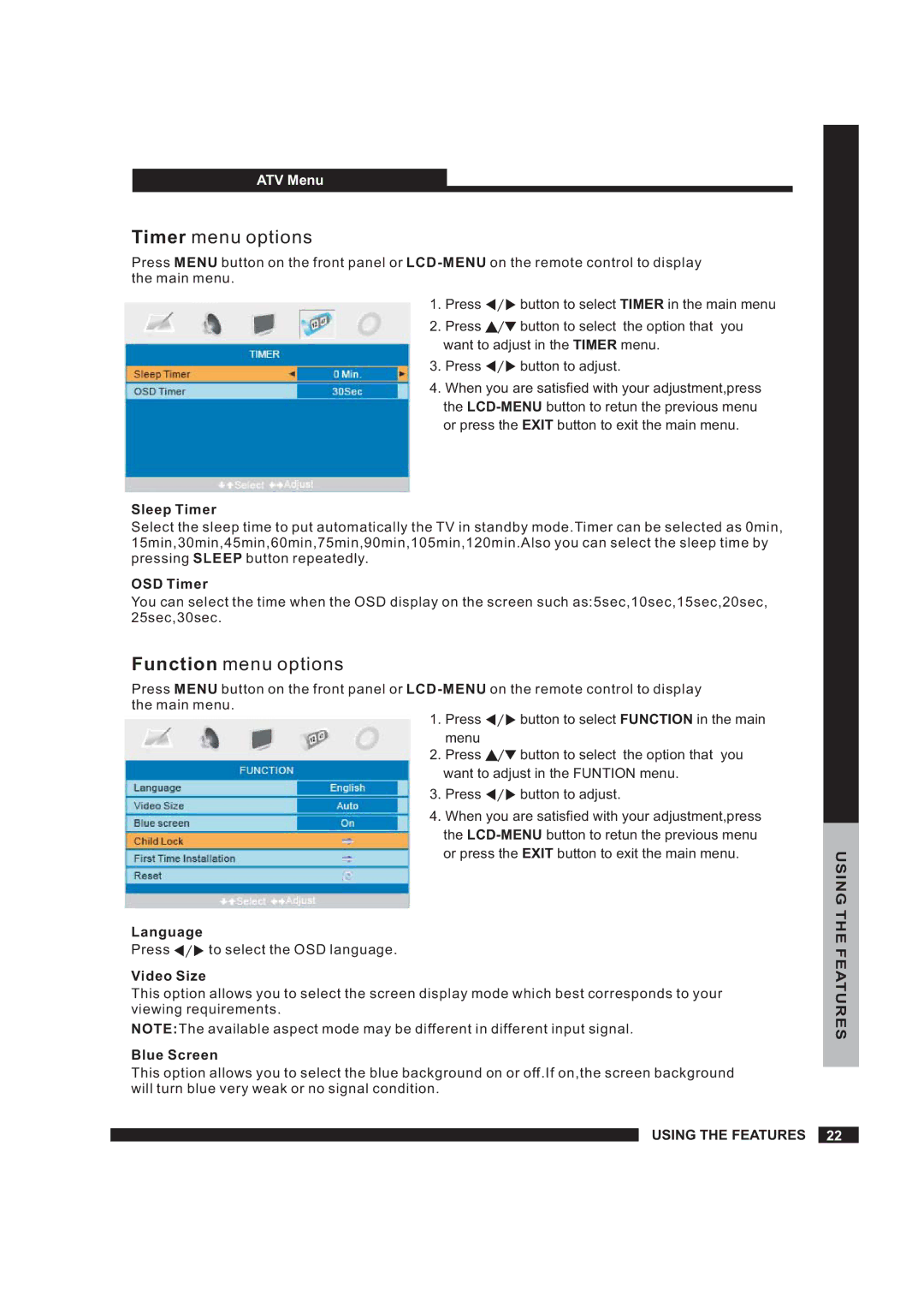 Beko 19WLM550DHID, 22WLM550DHID instruction manual Sleep Timer, OSD Timer, Video Size, Blue Screen 