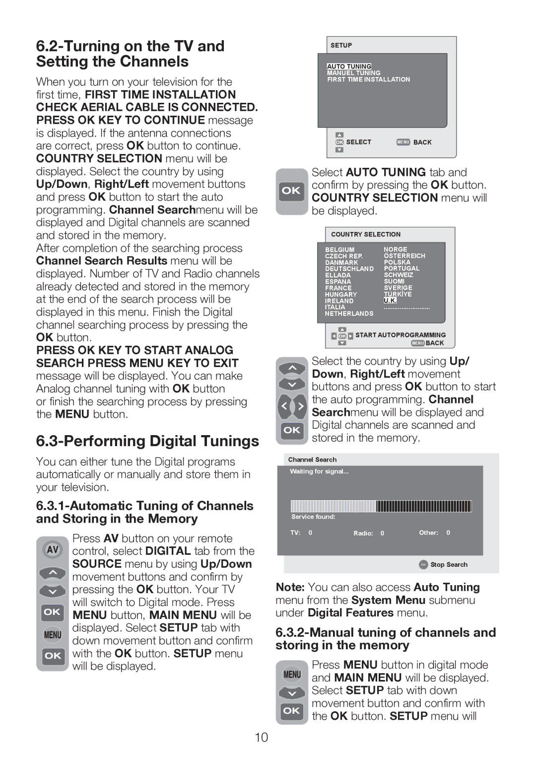 Beko 22WLP530HID operating instructions Turning on the TV and Setting the Channels, Performing Digital Tunings 