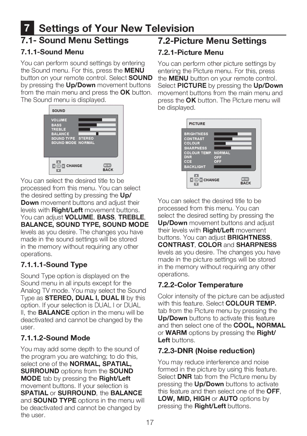 Beko 22WLP530HID operating instructions Settings of Your New Television, Sound Menu Settings, Picture Menu Settings 