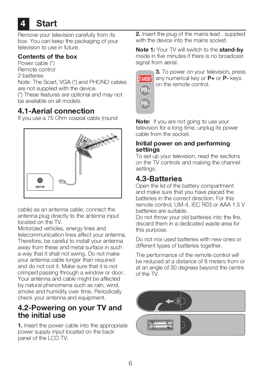 Beko 22WLP530HID operating instructions Start, Aerial connection, Powering on your TV and the initial use, Batteries 