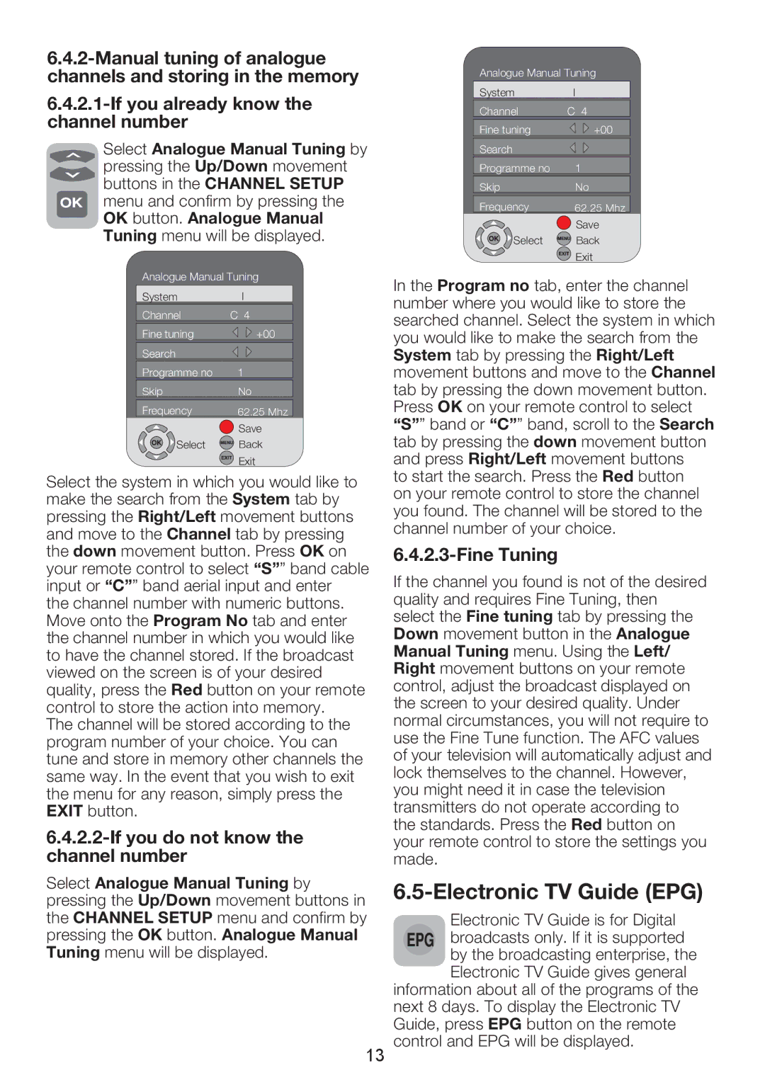 Beko 26WLZ530HID operating instructions Electronic TV Guide EPG, If you do not know the channel number, Fine Tuning 