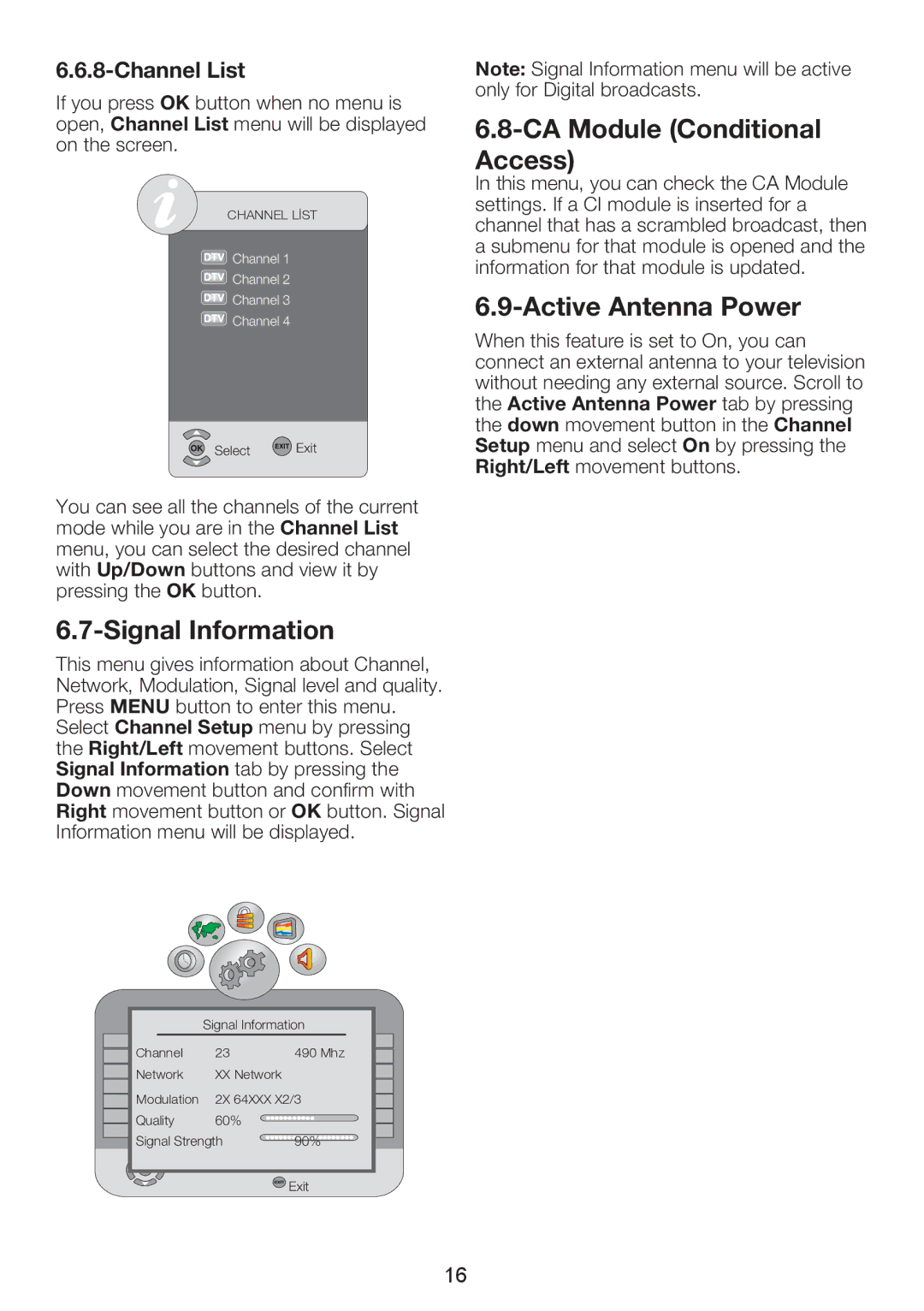 Beko 26WLZ530HID Signal Information, CA Module Conditional Access, Active Antenna Power, Channel List 