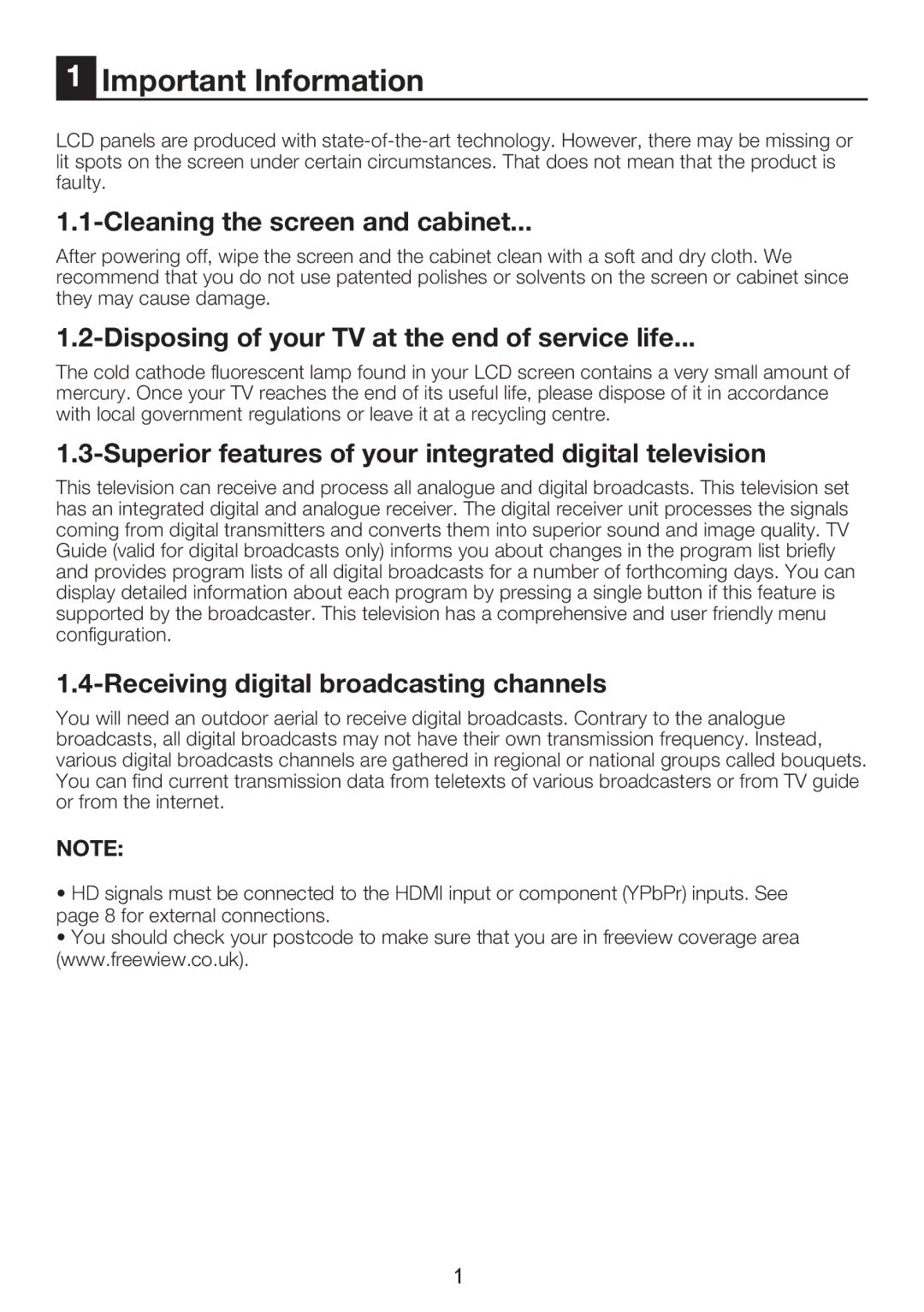 Beko 26WLZ530HID Important Information, Cleaning the screen and cabinet, Disposing of your TV at the end of service life 