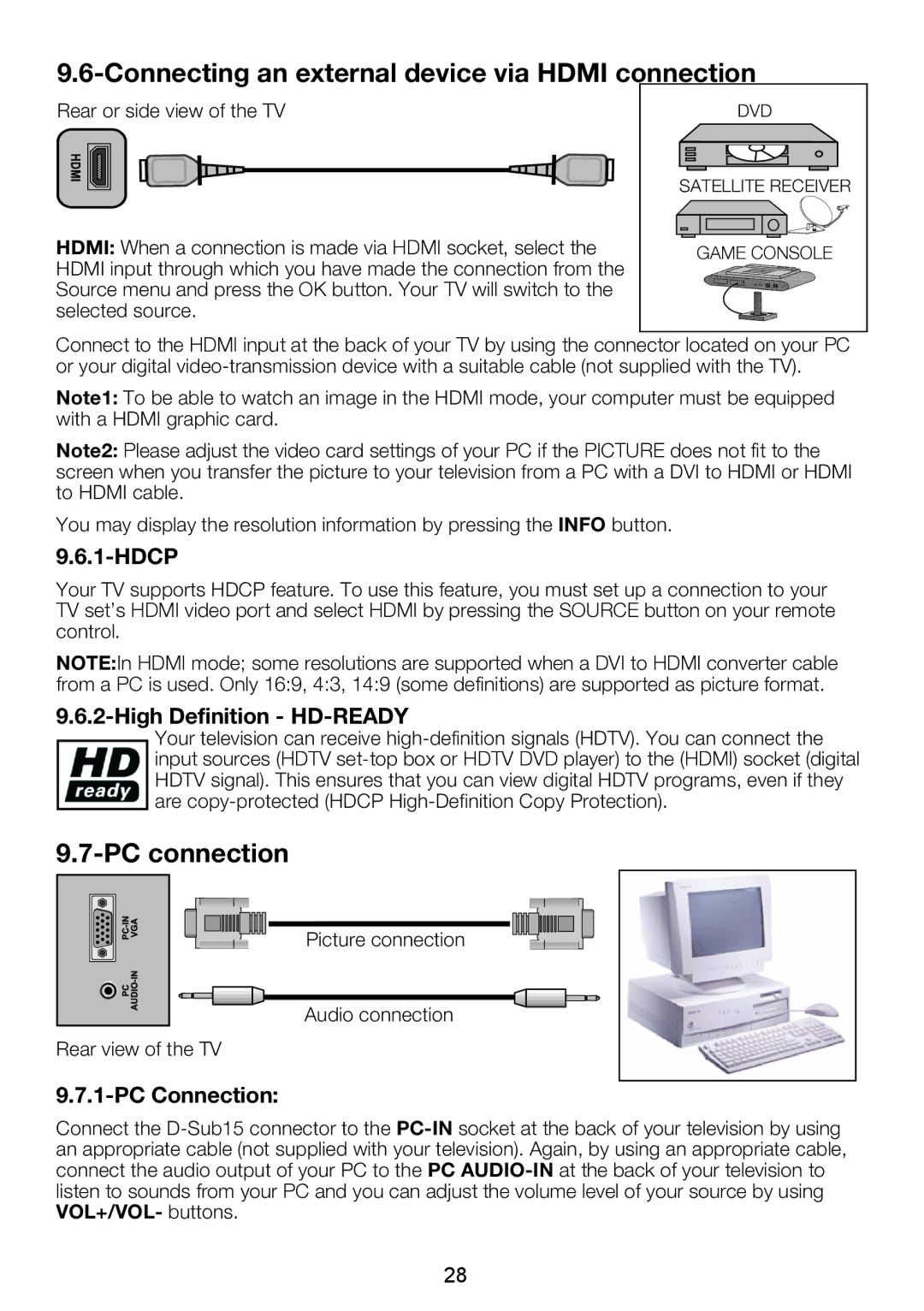 Beko 26WLZ530HID Connecting an external device via Hdmi connection, PC connection, Hdcp, High Definition HD-READY 