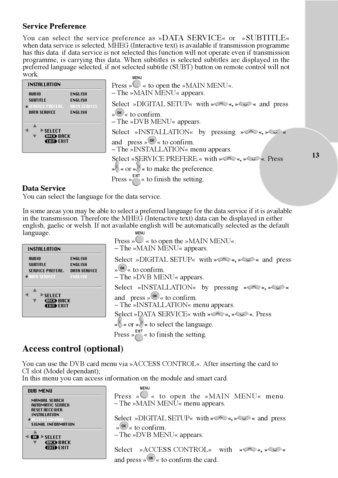 Beko 28C769IDS operating instructions Service Preference, Data Service, Select »SERVICE PREFERE.« with », «. Press 