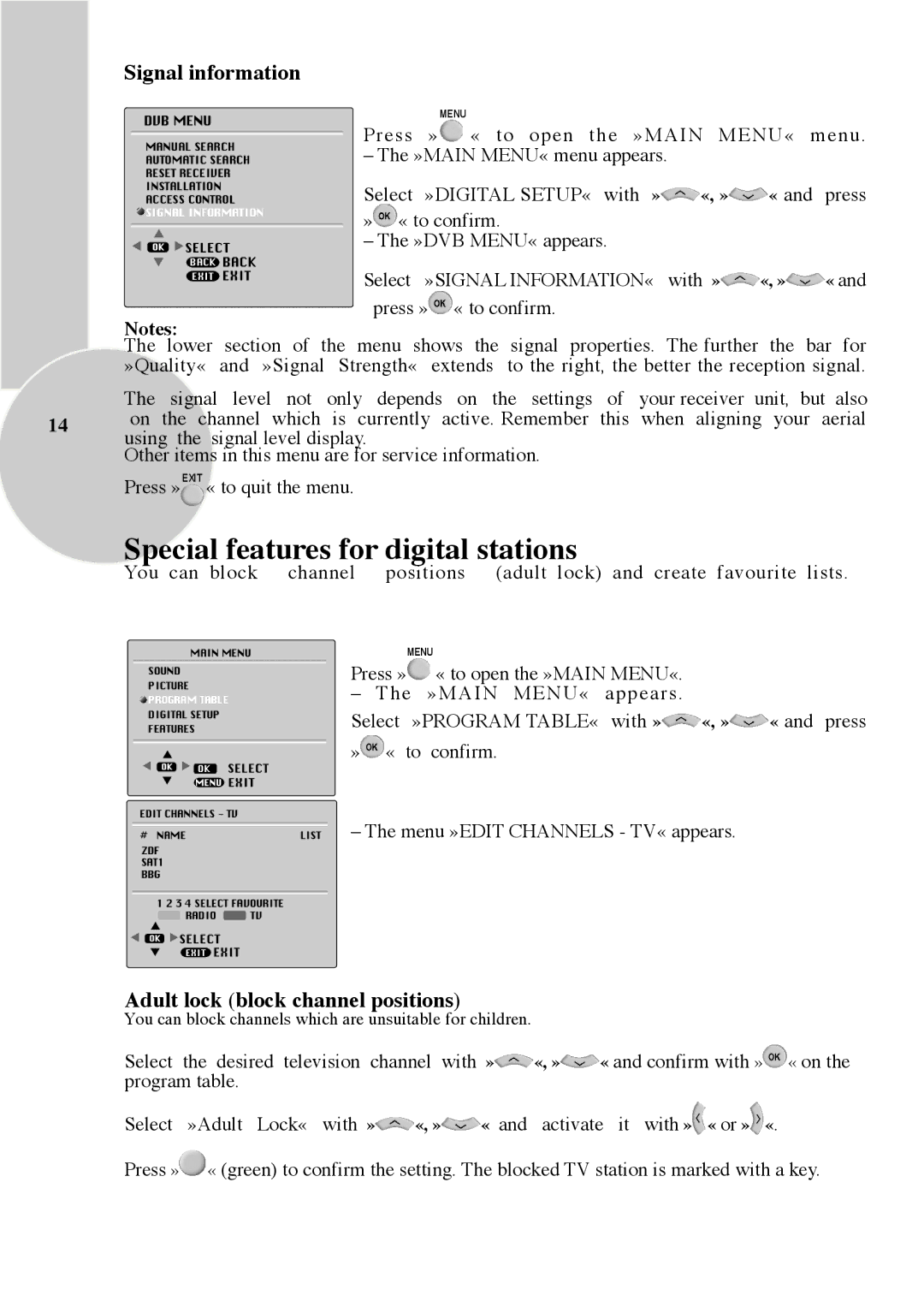 Beko 28C769IDS Special features for digital stations, Signal information, Adult lock block channel positions 