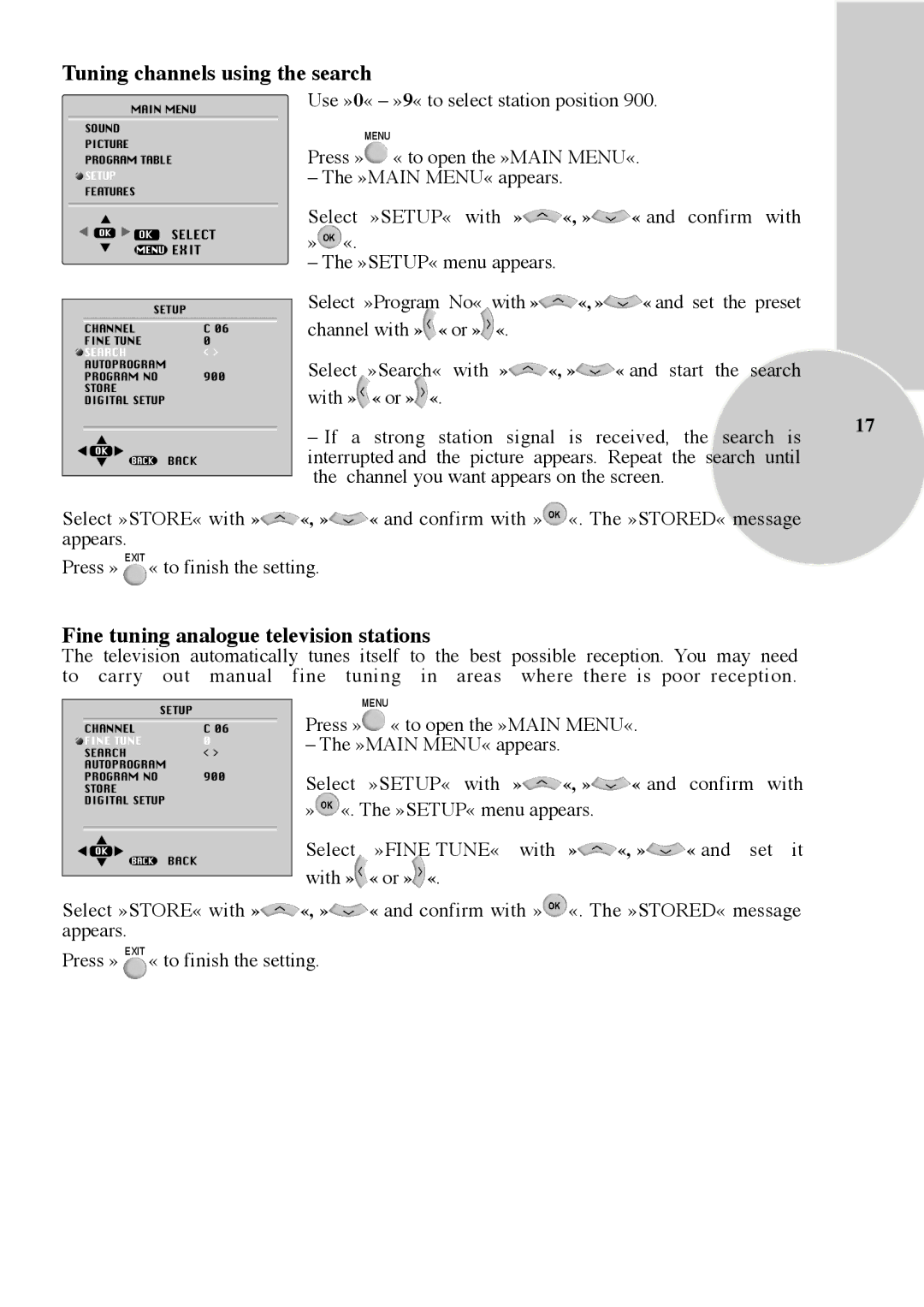 Beko 28C769IDS operating instructions Tuning channels using the search, Fine tuning analogue television stations 